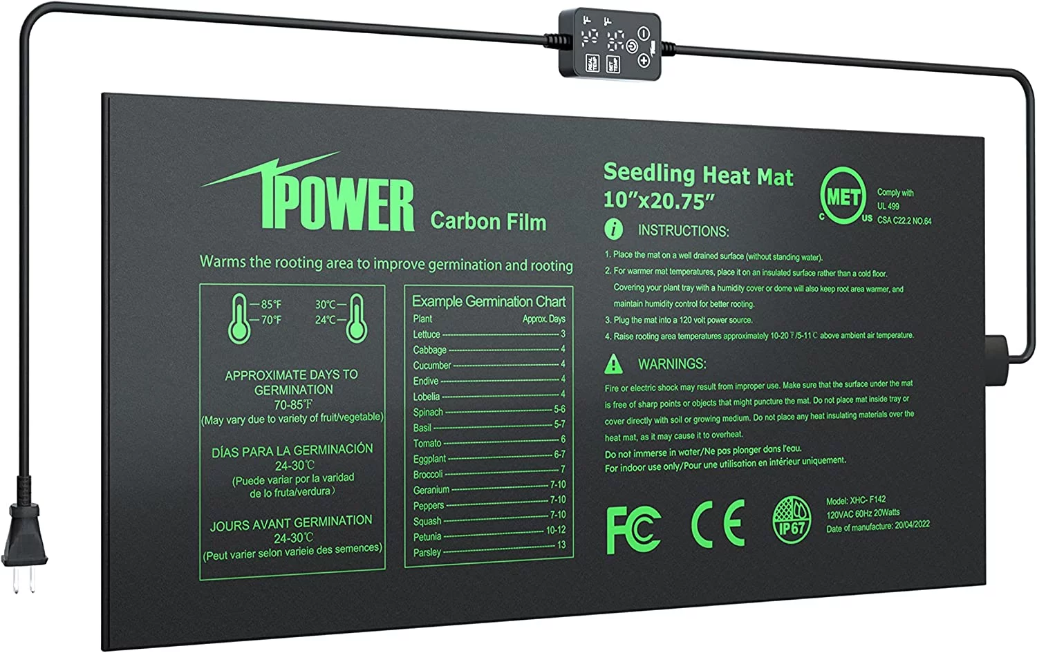 iPower Seedling Mat for Plants with Dual Digital Temperature Controller, MET Certified Heating Pad, Black