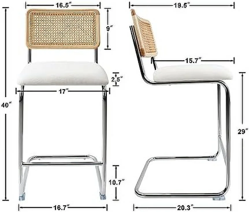 HBLUKDL Black Modern Counter Height  Stools  with Natural Rattan Cane and Solid Wood Backs  24 Inch Upholstery with Metal Chrome Legs Mid Century  Chairs