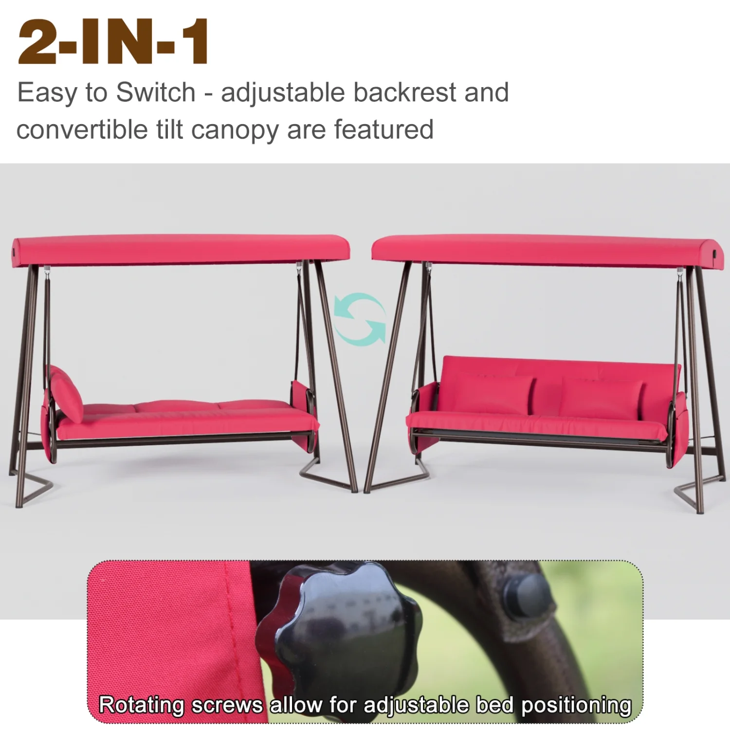 Comfortable Red Color Adjustable Canopy Outdoor Patio Metal Swing Chair with Cushion - Spacious 3 Seaters Swing Bed