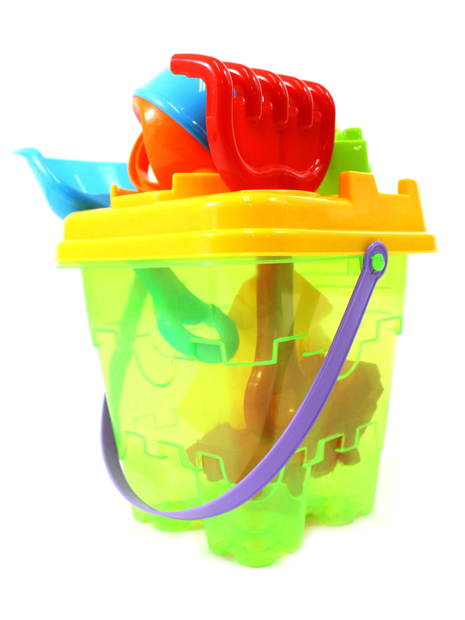 6 Piece Beach Sand Toys Play Set for Toddlers Kids Bucket with Sifter Shovel Rake Watering Can Castle Sand Molds