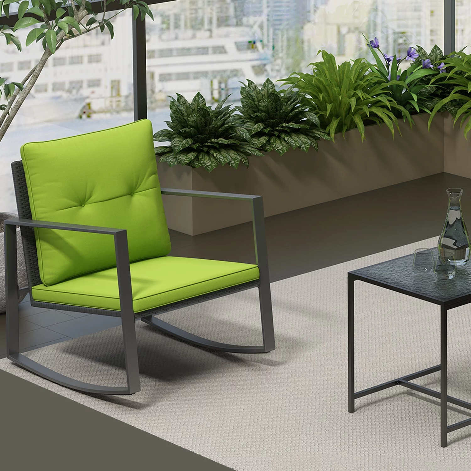 Fleur 3-Piece Patio Furniture Set -Two Solid Relaxing Chairs With Glass Garden Coffee Table - Green