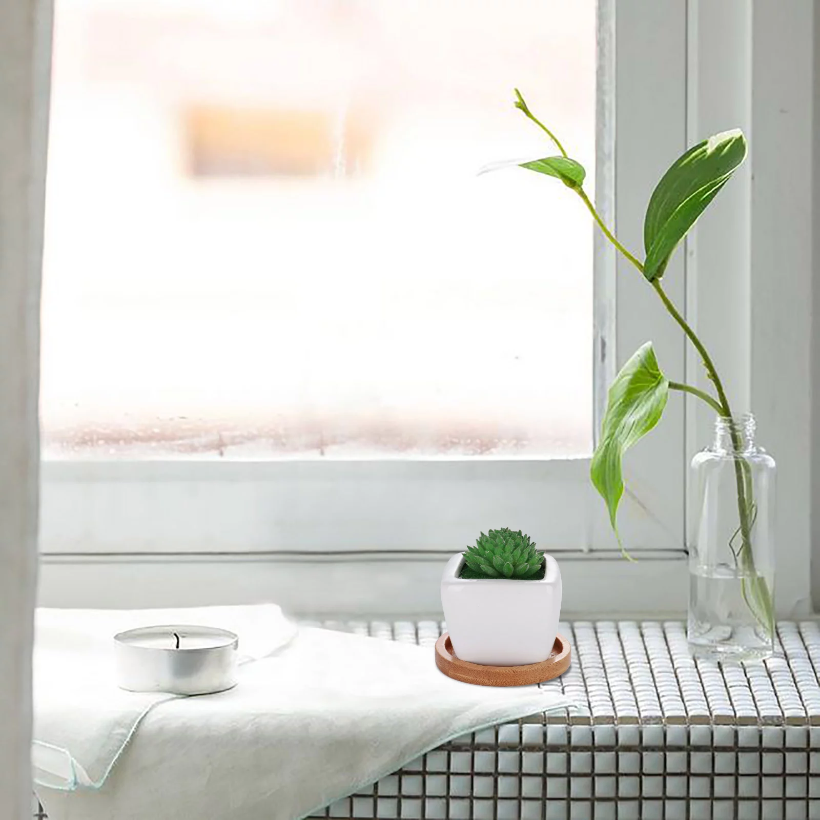 BELUPAI Environmentally Friendly Round Succulent Ceramic Flower Pot Bamboo Tray Creative Tabletop Tea Set Coaster