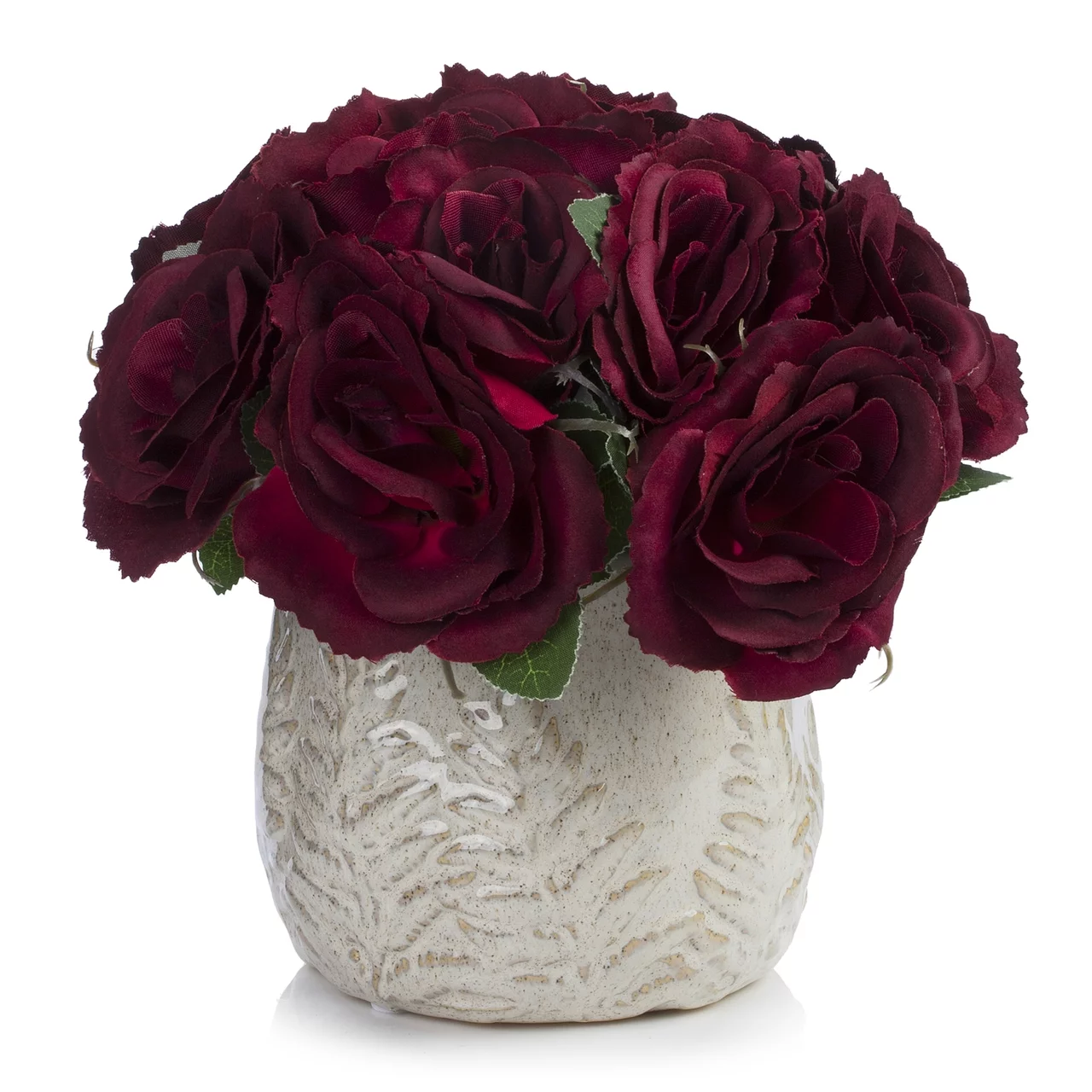 Enova Home Artificial Velvet Roses Faux Silk Flowers in Round Tapered Ceramic Pot for Home Office Wedding Decoration (Burgundy)