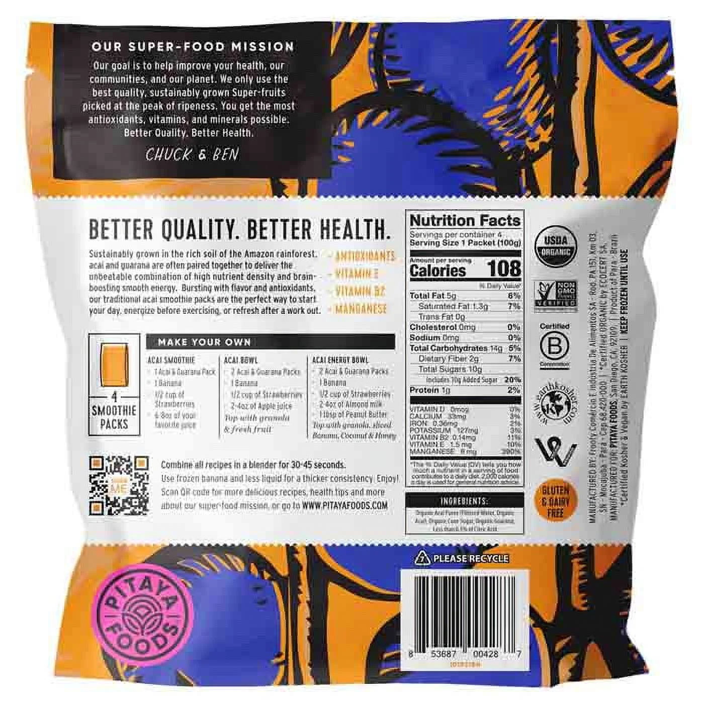 Pitaya Foods Frozen Organic Acai Fruit Smoothie Mix, 14 oz, 4pk