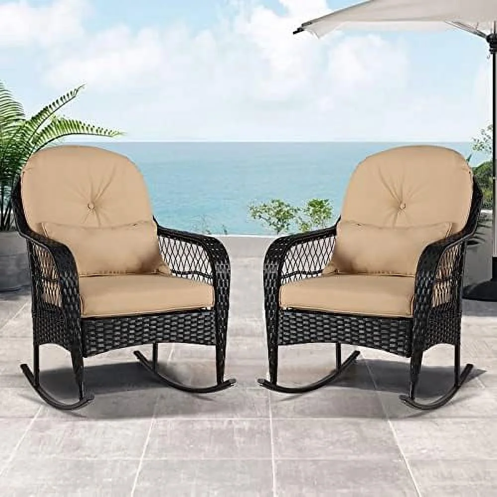 AEFRGHS 2pcs Outdoor Wicker Rocking Chair - Garden Patio Yard Porch Lawn Balcony Backyard  All- Weather Wicker Rocker Chair with Cushions (2PCS Khaki)