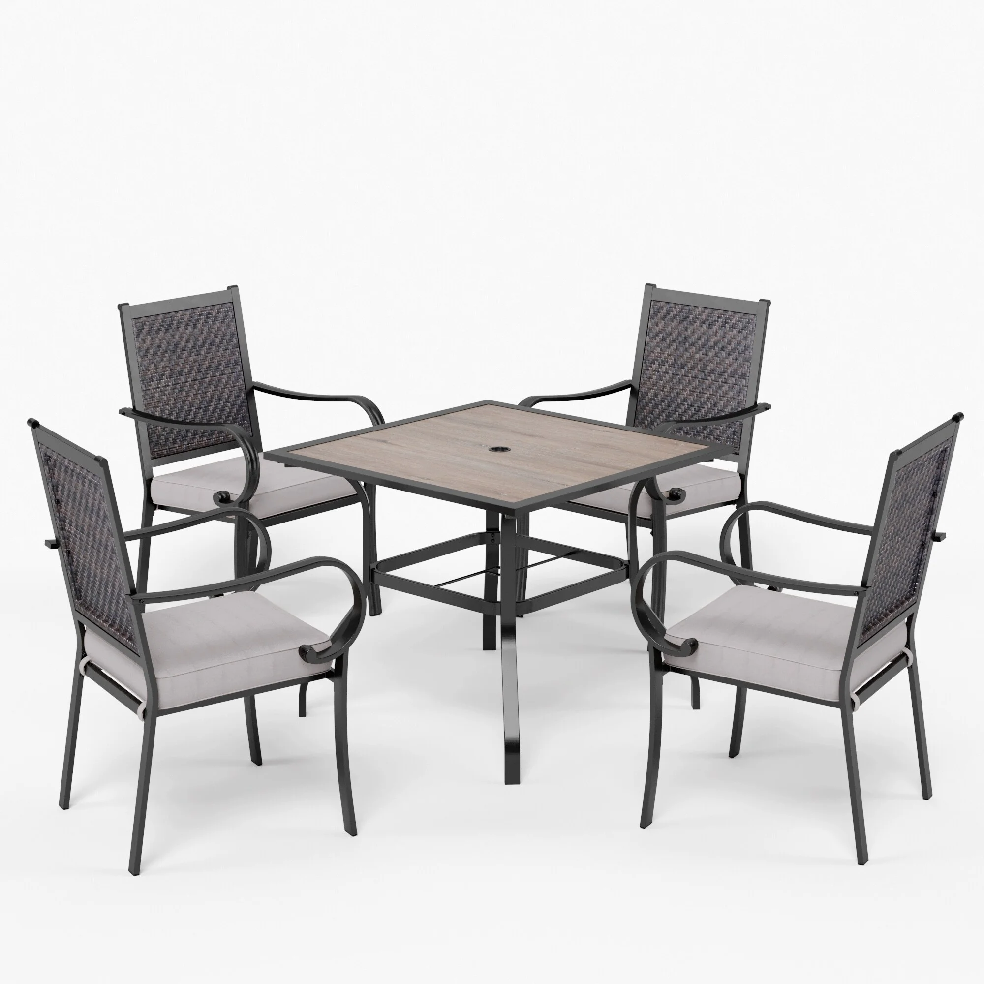 5-piece Patio Dining Set, 4 Rattan Swivel Chairs with Cushion and 1 Wood-like Table