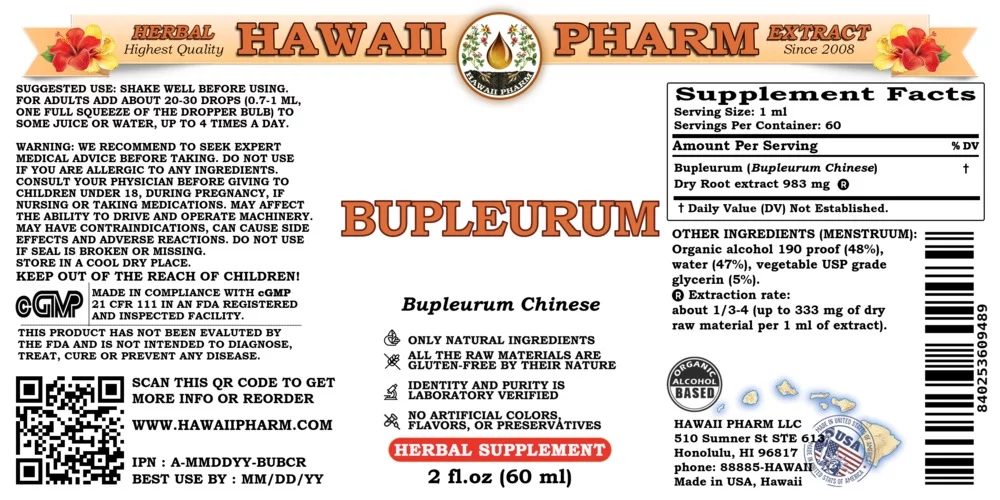 Bupleurum (Bupleurum Chinese) Dry Root Liquid Extract. Expertly Extracted by Trusted HawaiiPharm Brand. Absolutely Natural. Proudly made in USA. Tincture 2 Fl.Oz