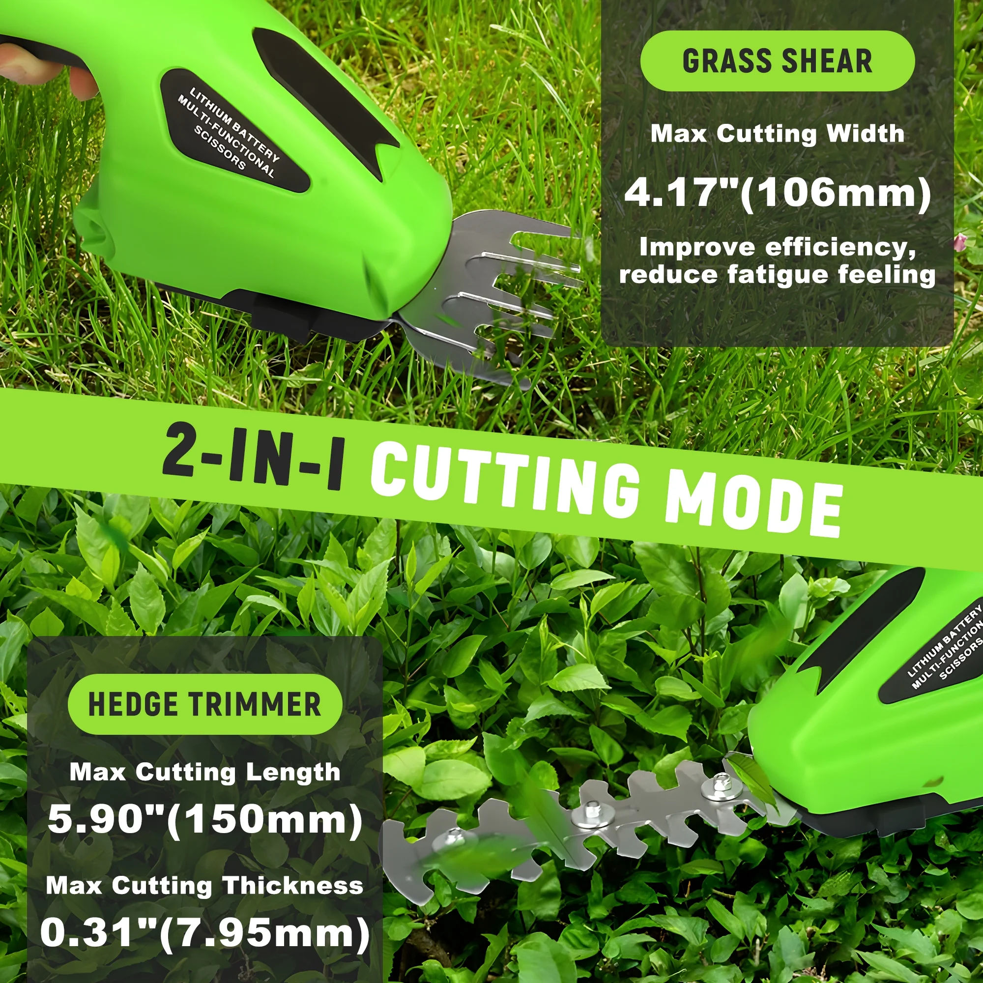 RELOIVE Cordless Grass Shear & Shrubbery Trimmer,2 in 1 Handheld Hedge Trimmer,7.2V Electric Grass Trimmer Hedge Shears/Grass Cutter with 2000mAh  Rechargeable Lithium-Ion Battery and USB Charger