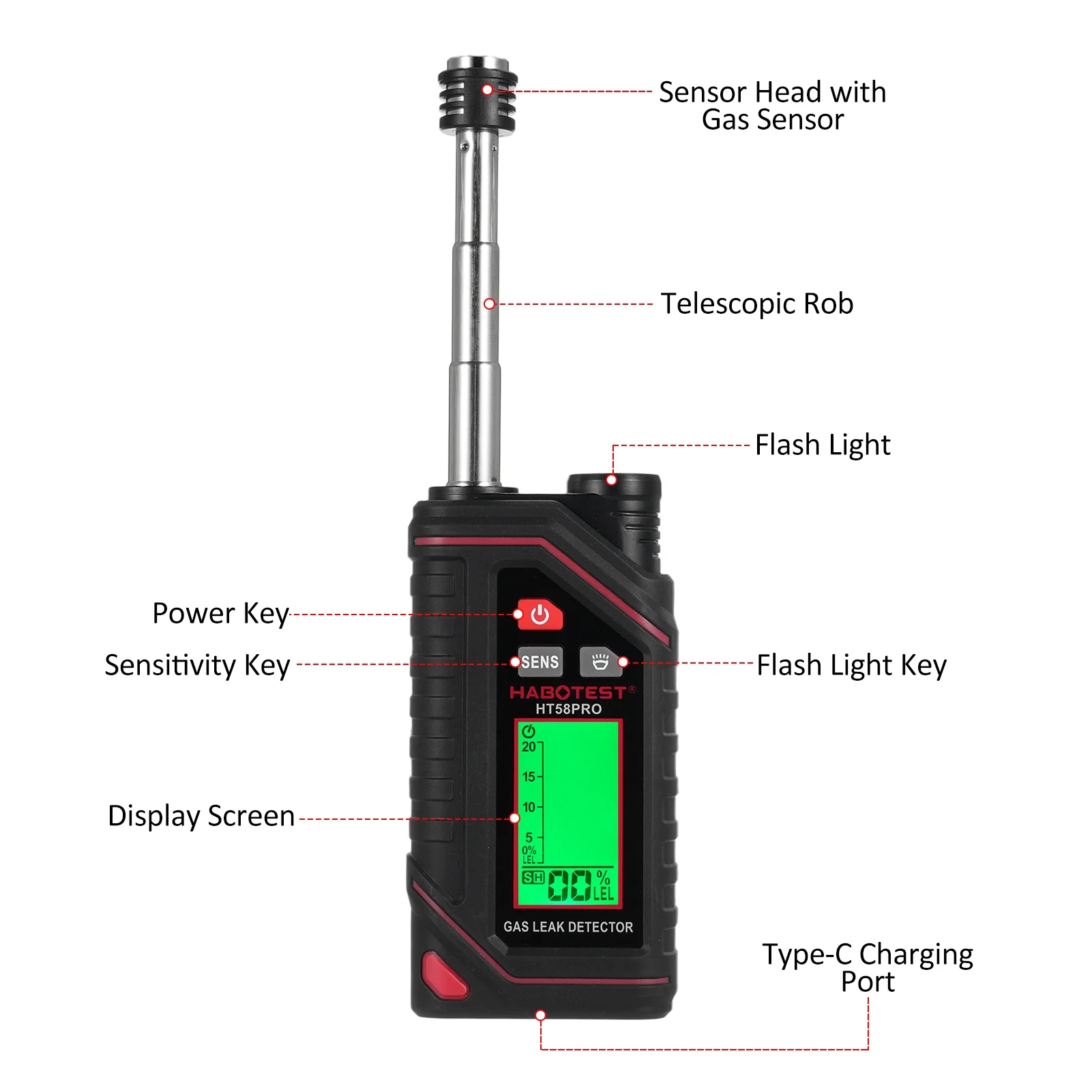 HABOTEST HT58PRO Gas Alarm, Combustible Gas Leak Detector with Extendable Probe, Built in Flashlight, Home RV Safety
