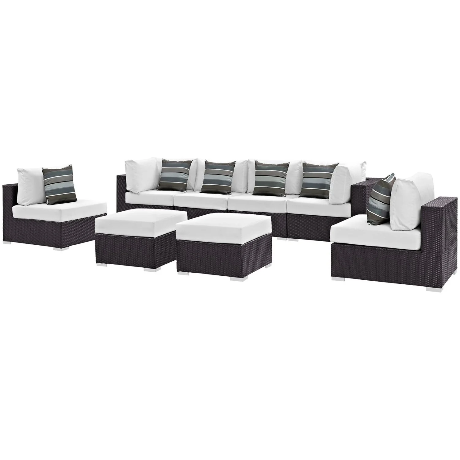 Lounge Sectional Sofa Set, White, Rattan, Wicker, Outdoor Patio Balcony Cafe Bistro Garden Hospitality Restaurant, Modern Contemporary HB36509