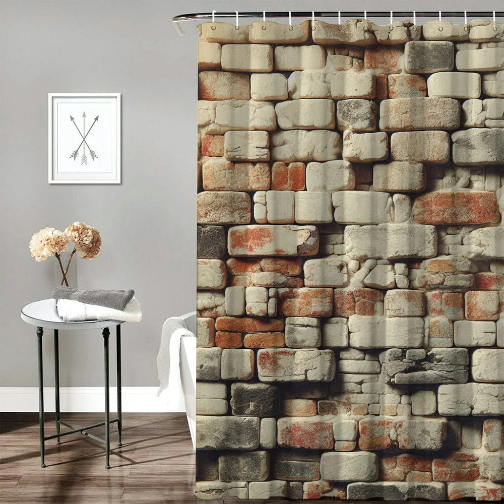 Bathroom Shower Curtain Brown Vintage Red Old Weathered Exposed Brick Wall Concrete Polyester Fabric Waterproof Bath Curtain Set with Hooks