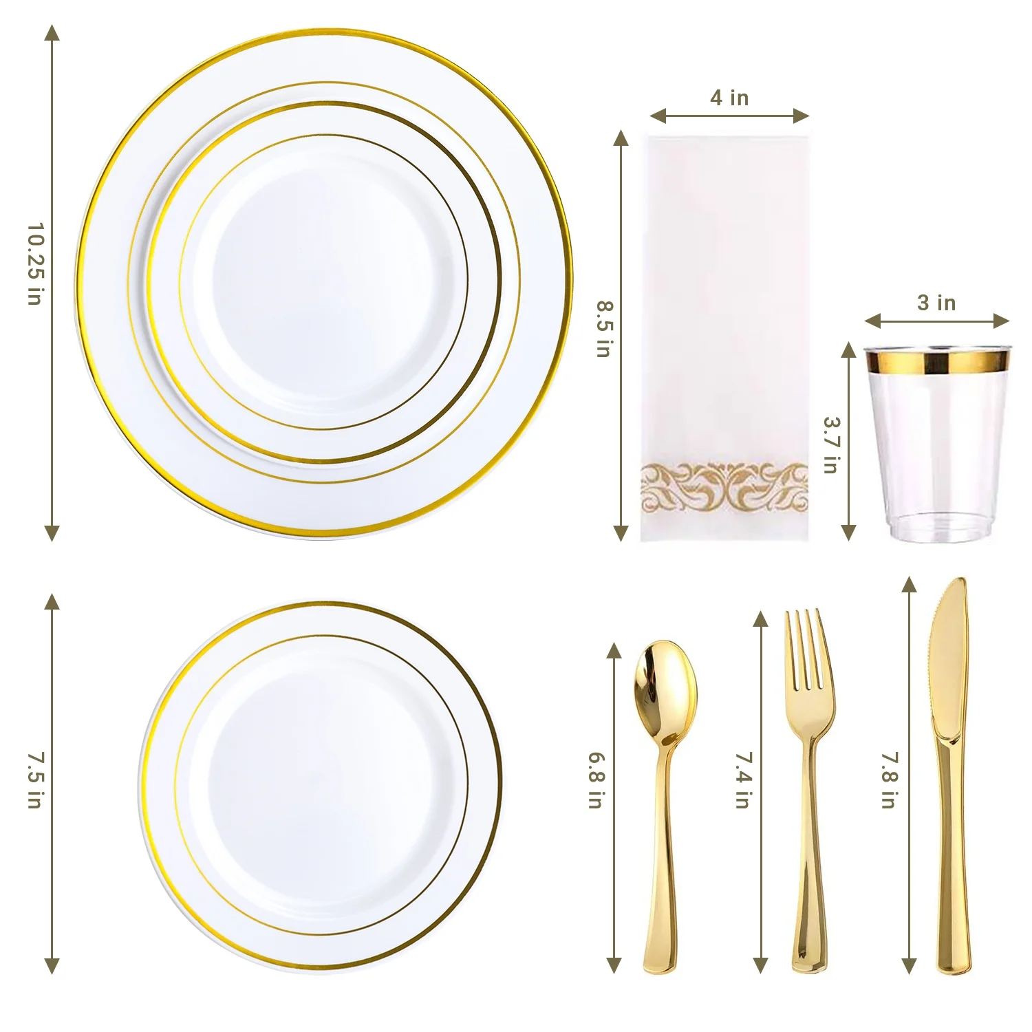 TINANA Plastic Plates for Party, 350 Piece Disposable Plates for 50 Guests,Include: 50 Gold Rim Dinner Plates, 50 salad Plates, 50 Paper Napkins, 50 Cups, 50 Spoons, 50 Forks, 50 Knives