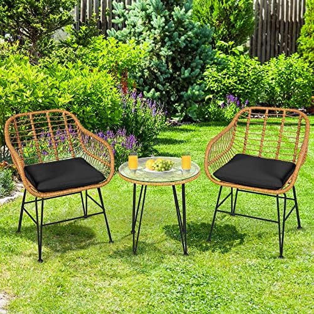 QYFZBIM 3 Pieces Rattan  with Steel Frame Round Coffee Table  Soft Cushions  Rattan Bistro  Set