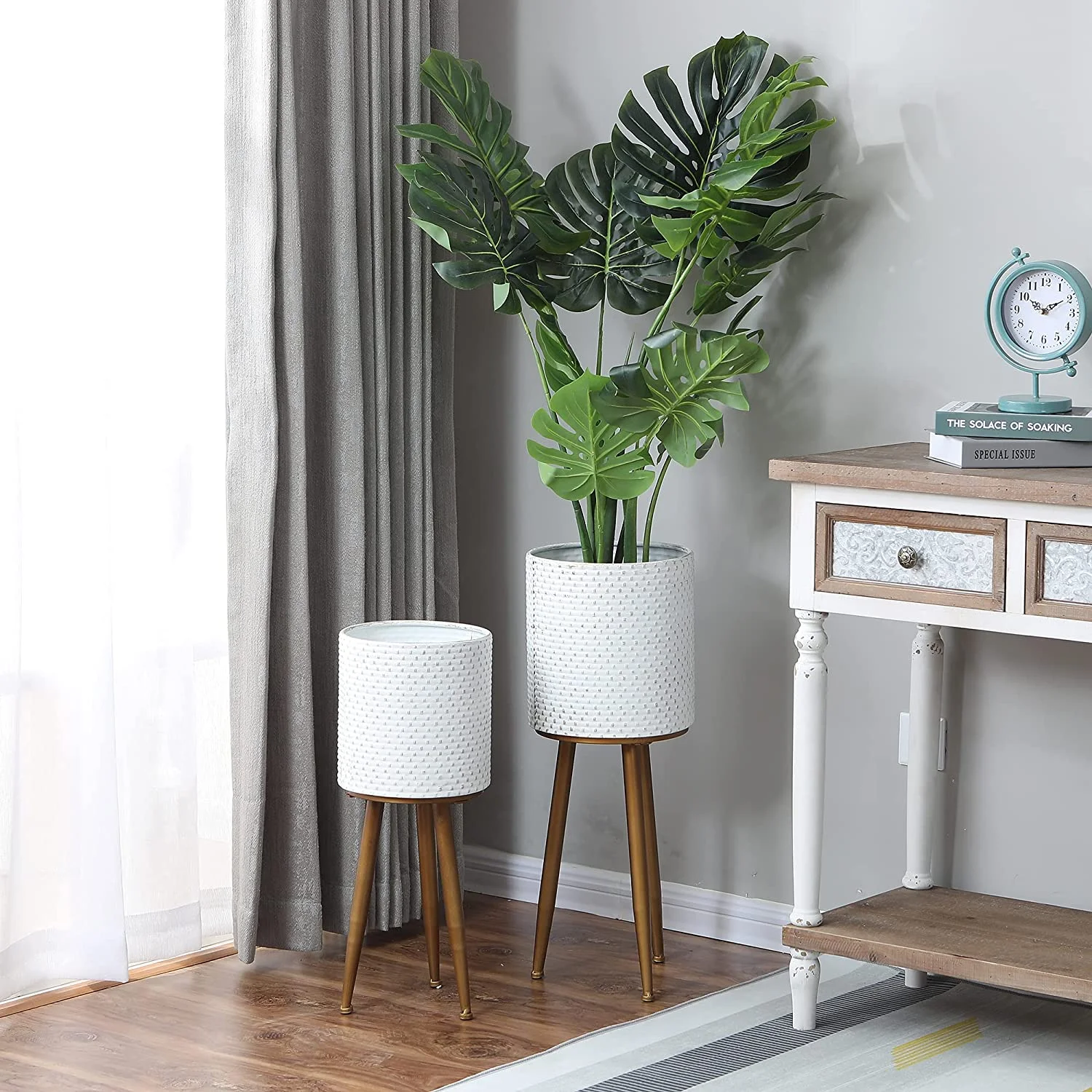 2pc Metal White Planters,Tall Plant Stand with Metal Legs, Large Plant Pot,Pots for Indoor Plants,Plant Stands for Indoor Plants Multiple