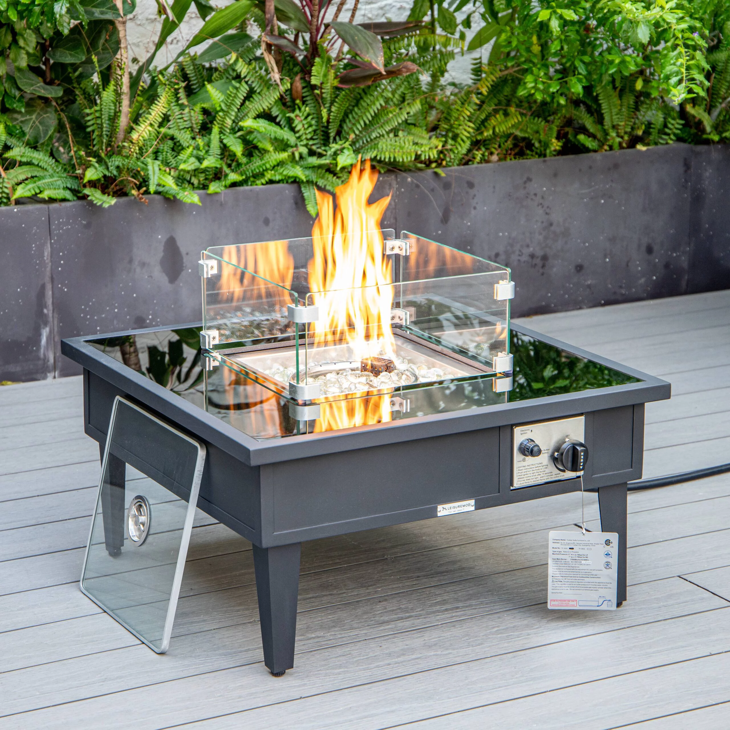 LeisureMod Walbrooke Modern Square Fire Pit Table and Tank Holder with Powder Coated Aluminum for Patio and Backyard Garden (Black)