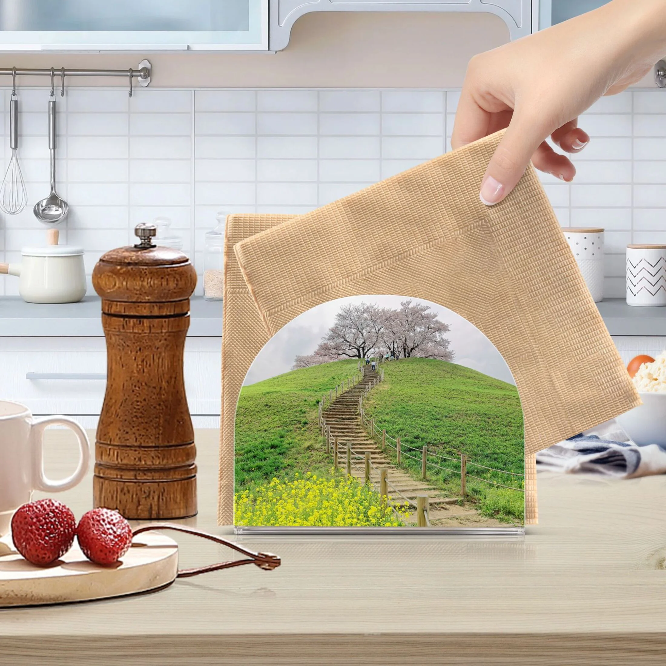 Cherry Tree Blossoms and Green Grassy Meadows Acrylic Napkin Holder Tissue Paper Clear Tabletop Dispenser Dining Room Bathroom Party Hotel