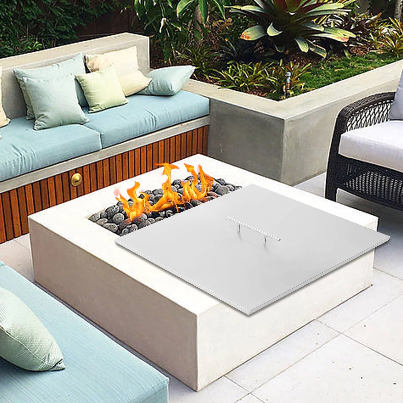 27*27in Square Indoor Outdoor Fire Pit Square Lid Stainless Steel Fire Pit Cover w/Handle