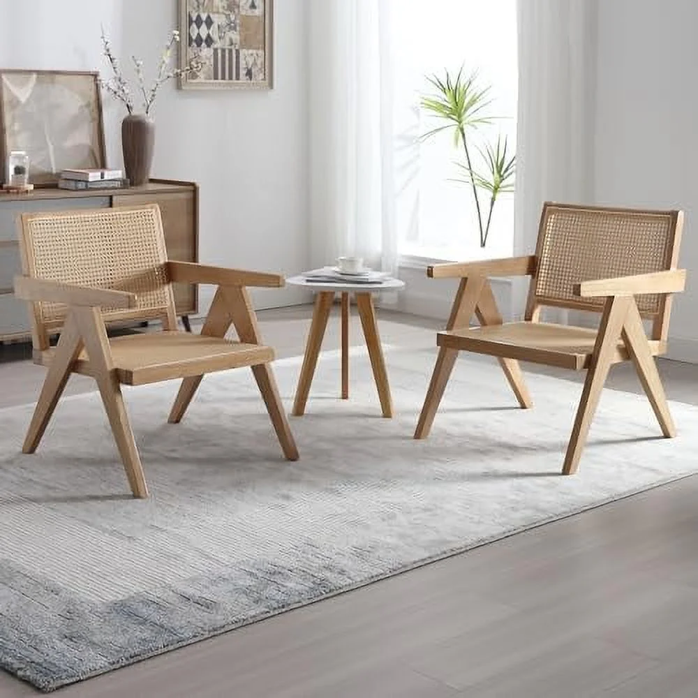 SQVGYU Rattan Accent Chairs  Comfy Wooden Living Room Chairs withWoven Seat & Backrest  Modern Leisure Cane Arm Chairs  Lounge Side  Chairs for Bedroom Patio  Black