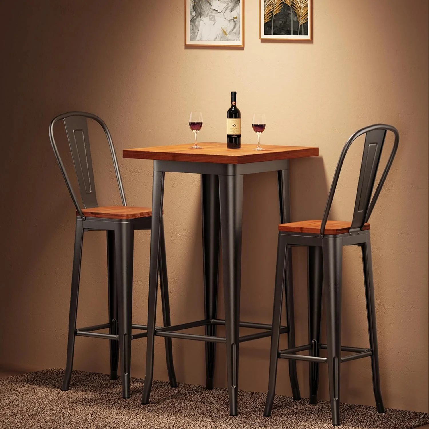 QUGDXVBN Table and Chairs Set  3 Piece Pub Table Set with Solid Elm Top and Metal Frame   Height Table Set for 2  with 400 lbs Loading Capacity for   Home  Bistro Cafe