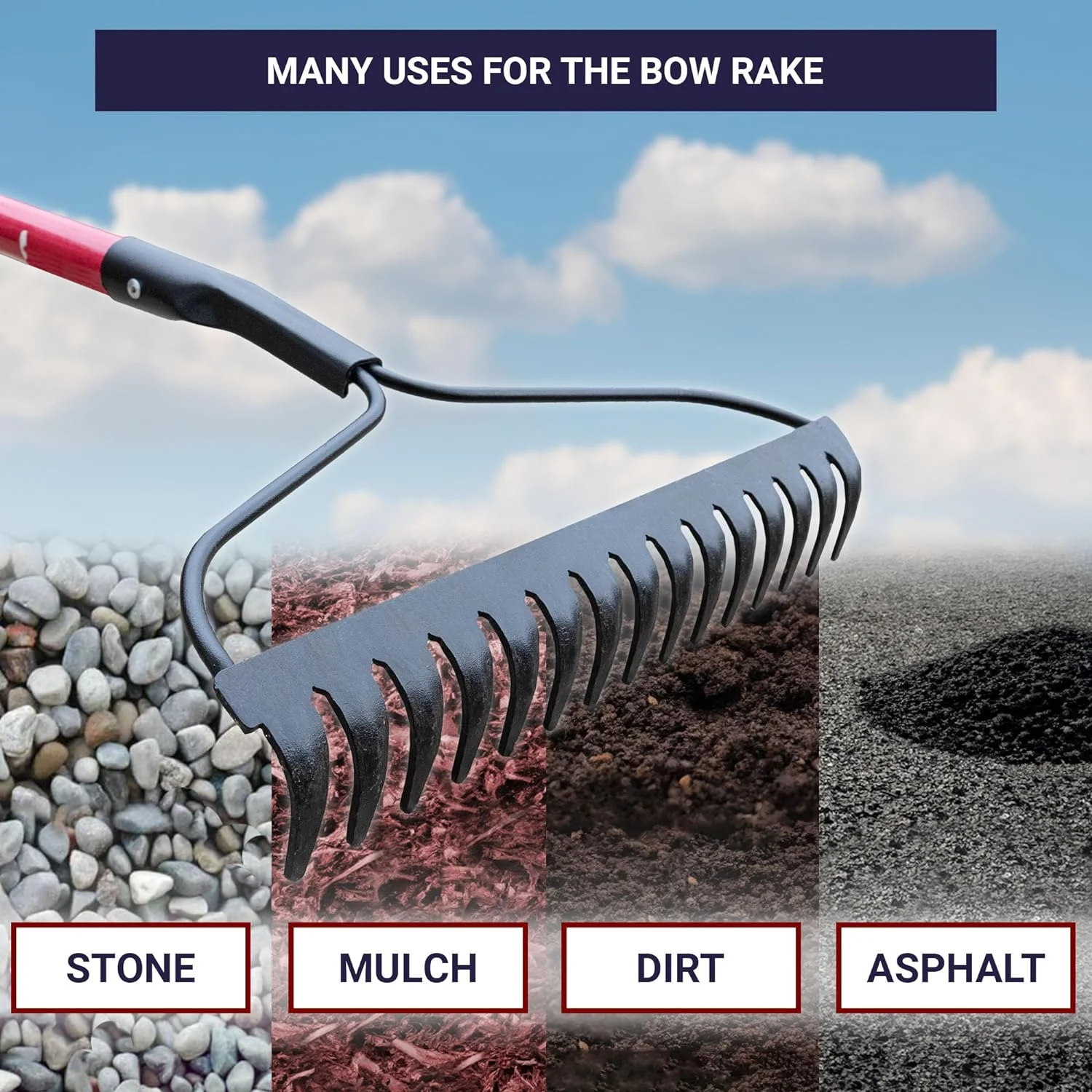 92309 12-Gauge 16-Inch Bow Rake with Fiberglass Handle and 16 Steel Tines, 58-Inch