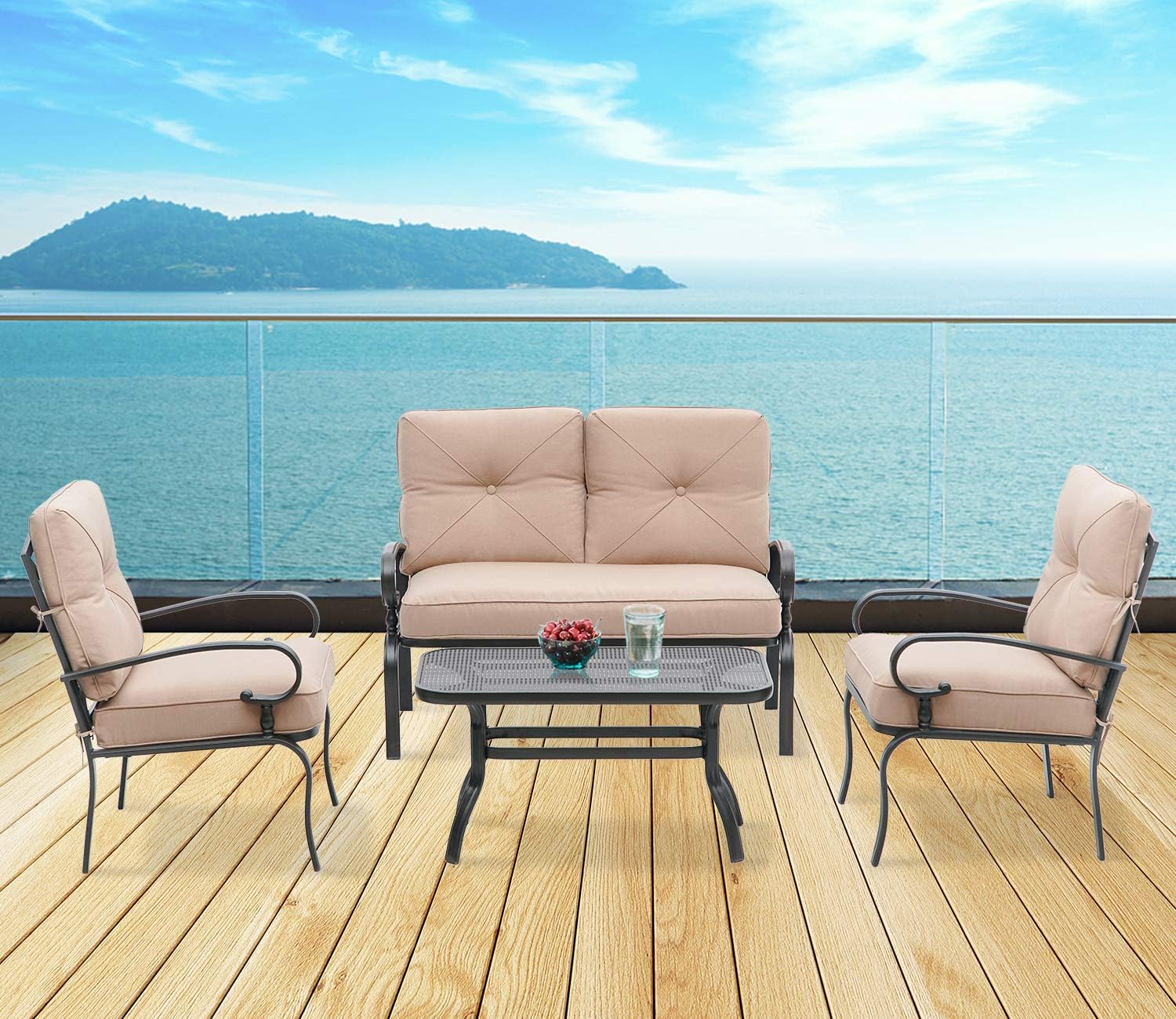 Dina 7 Pcs Outdoor Metal Furniture Set Patio Conversation Set  Loveseat  2 Patio Dining Chairs  2 Spring Chairs and 2 Coffee Tables with Red Cushions