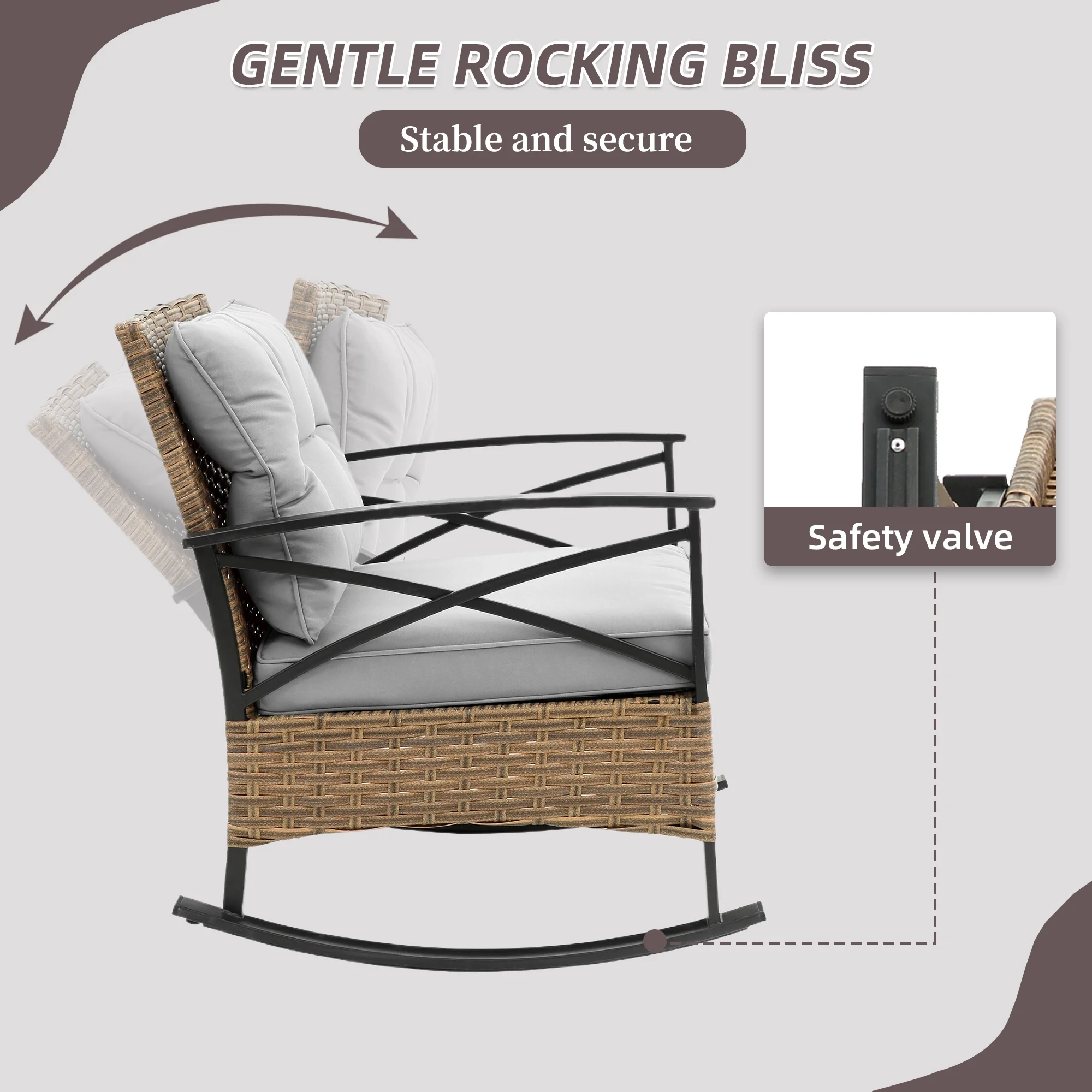 Villeston Patio Rocking Chairs, 3 Pieces Rocking Bistro Set Outdoor Patio Conversation Furniture Set with Thick Cushions, 2 Rocker Chairs and Metal Side Table, for Porch & Backyard Gray