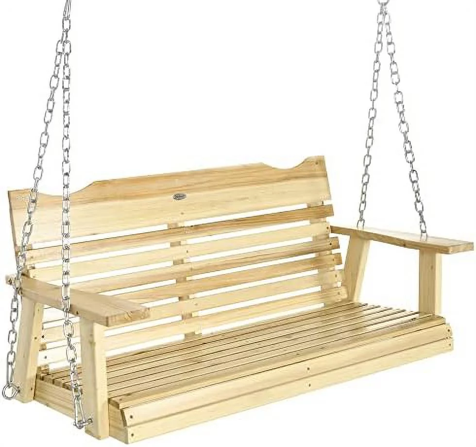 2-Seater Porch Swing, Hanging Outdoor Swing Bench With Metal Chains And Wide Armrests, For Deck, Patio, Garden, Backyard Natural
