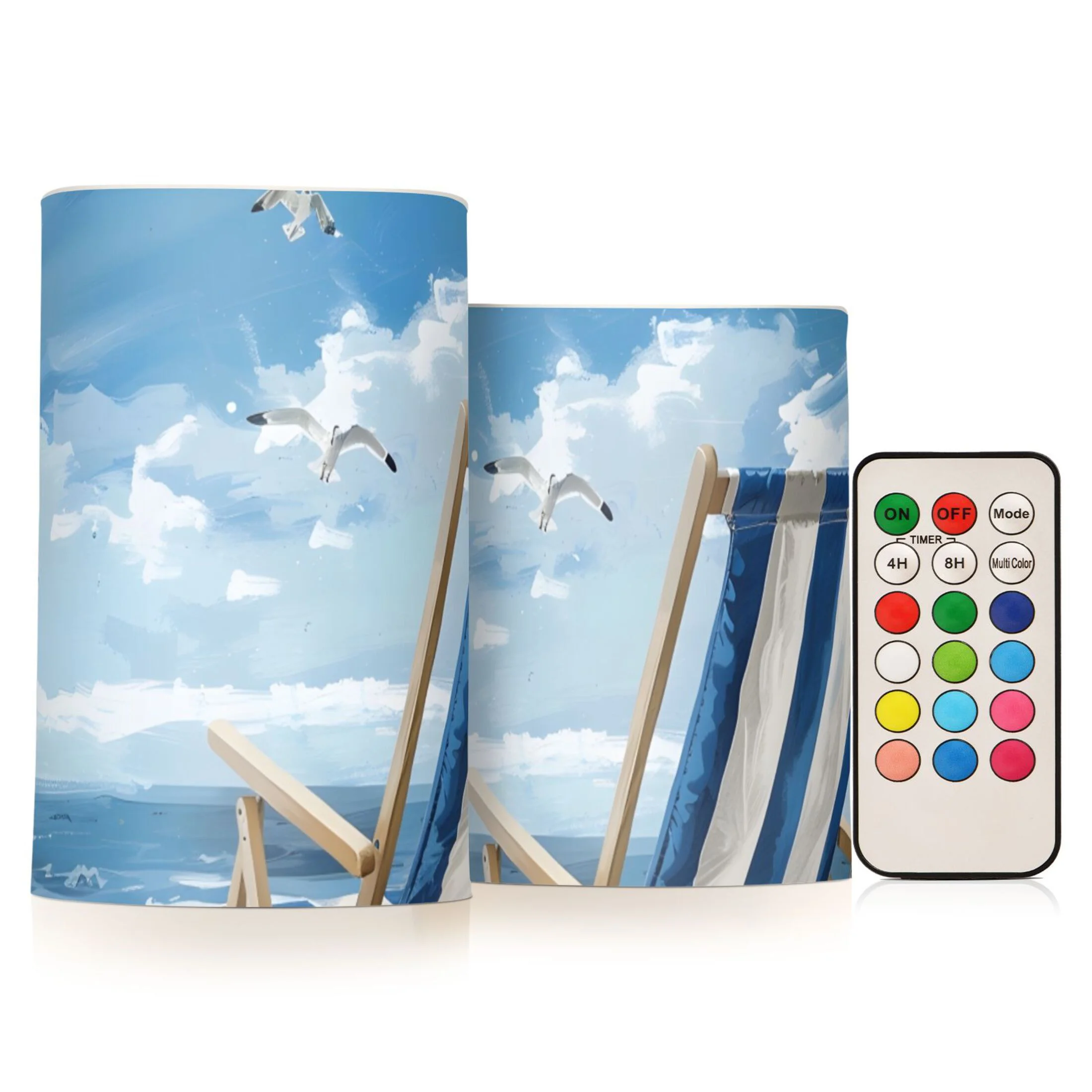 Seagull and Striped Beach Chair Flameless Candles with Remote Timer LED Battery Operated Flickering Candle Light for Festival Wedding Home Party