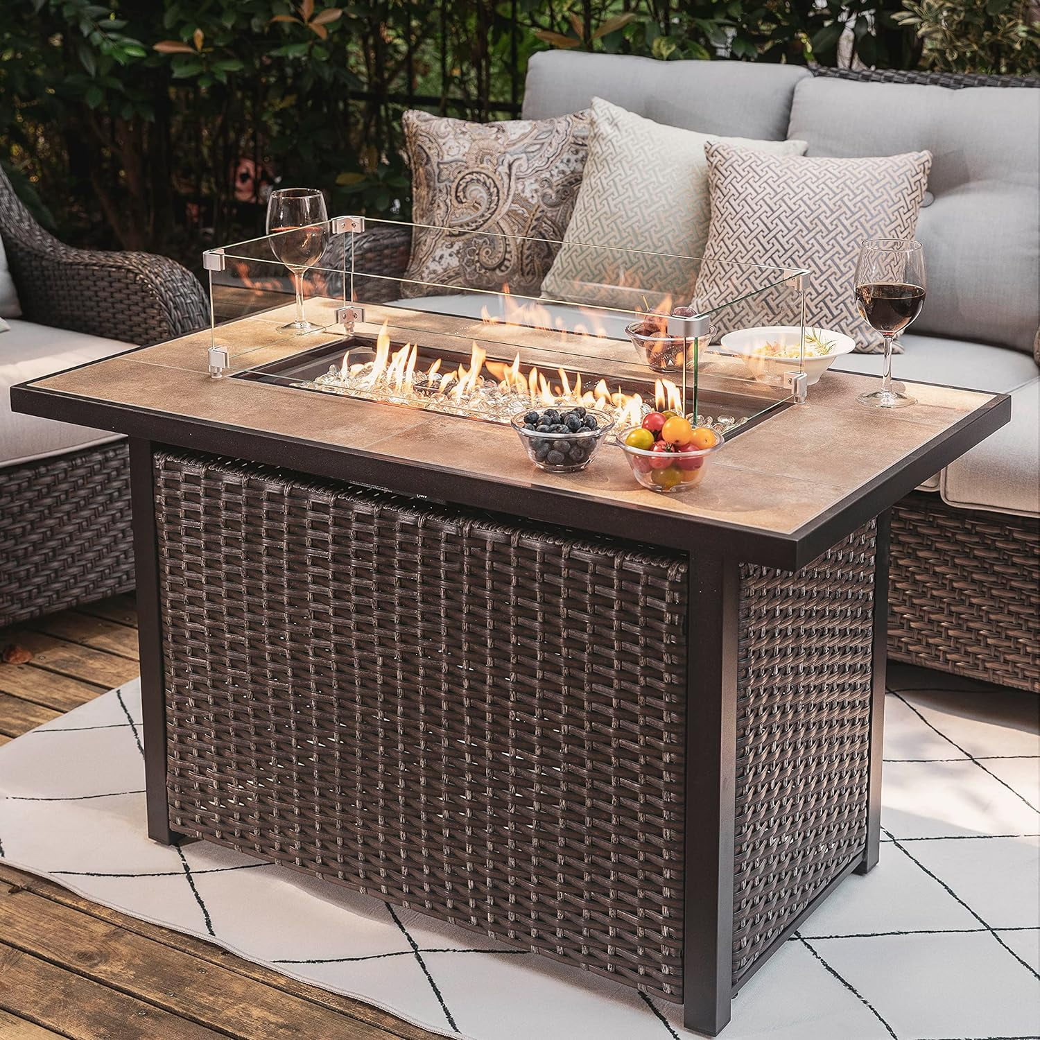 Outdoor 43-Inch 50,000 BTU Propane Gas  Table, Ceramic , Water-Proof Cover, Glass  Wind Guard, Glass Beads, Lid Included, Dark Brown And Coffee