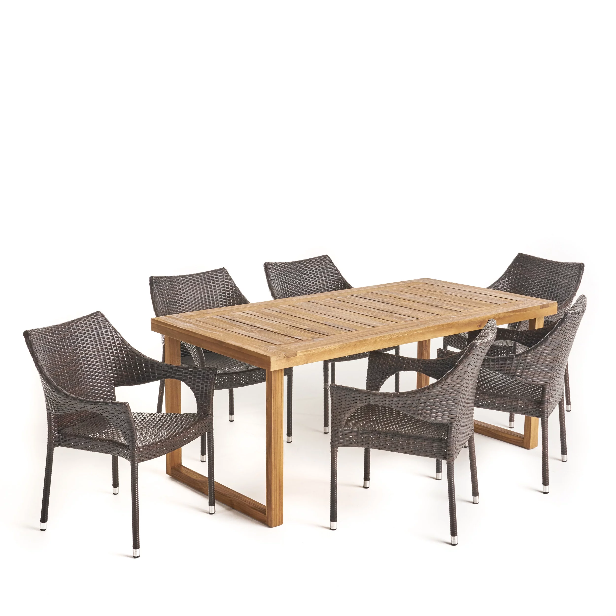 Cason Outdoor 7 Piece Acacia Wood Dining Set with Stacking Wicker Chairs, Sandblast Natural