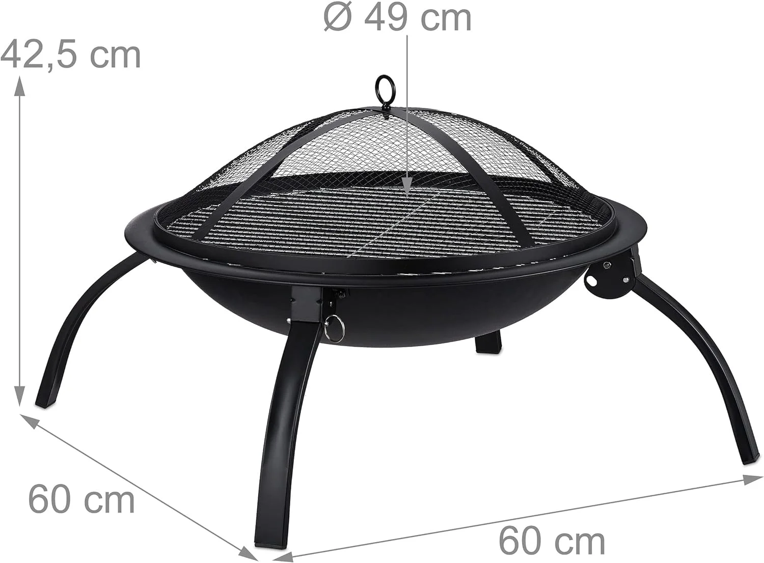 XL fire bowl, grill grate, poker, spark guard lid, garden, terrace, fireplace D 56.5 cm, black