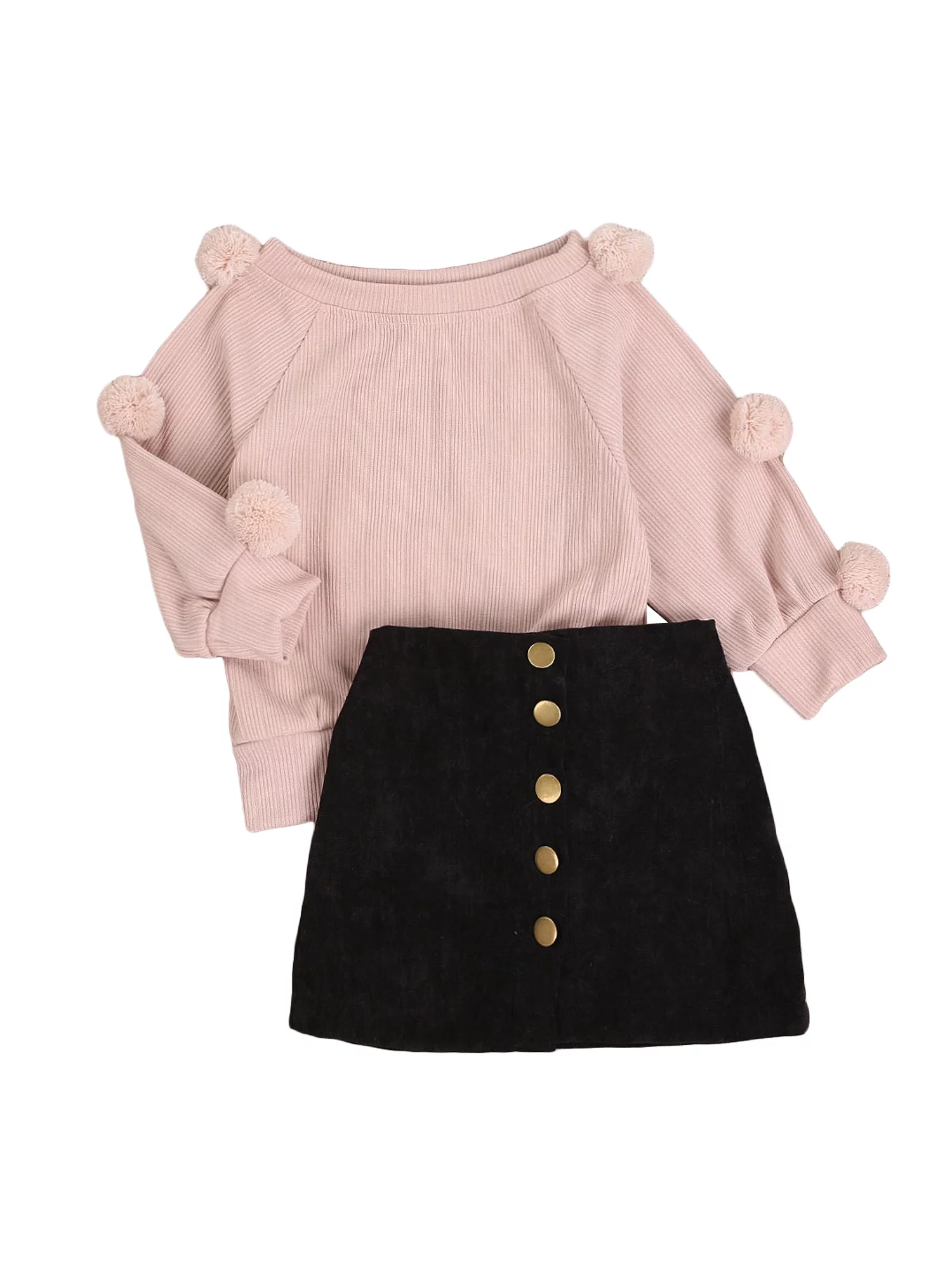 TFFR Kids Toddler Baby Girl Fall Winter Outfit Long Sleeve Knitted Shirt Sweater Button Skirt Set