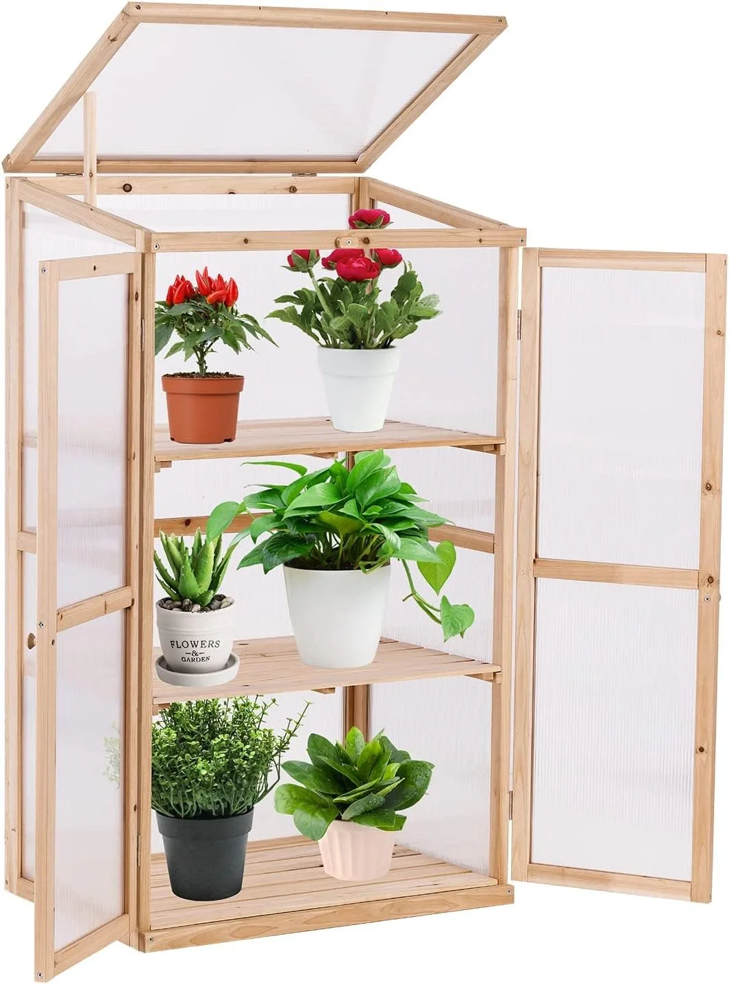 Greenhouse Wooden Cold Frame 3-Tier Garden Mini Nursery Vented Planter Wood Portable Flower Cabinet Front Top Opening Home Decor Indoor Backyard Outdoor 27X19X47