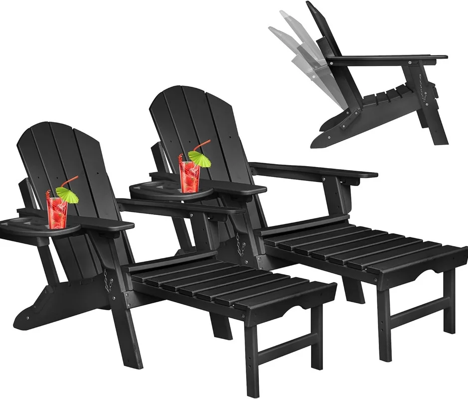 2PCS Folding Adirondack Chair with Retractable Ottoman, HDPE All-Weather Resistant Adjustable Backrest Adirondack Chair w/4 in 1 Cup Holder Trays, Black