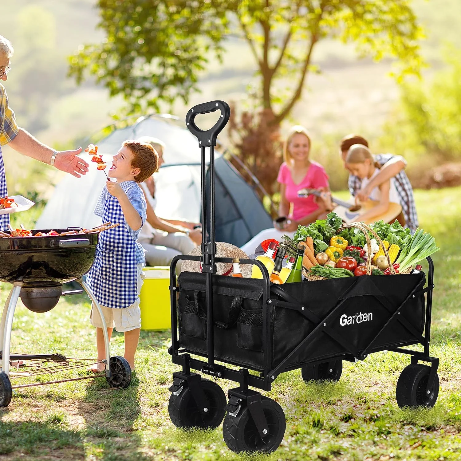 Gardzen Collapsible Wagon Cart, Garden Cart with All-Terrain Wheels, Hauls up to 180 lbs, Black