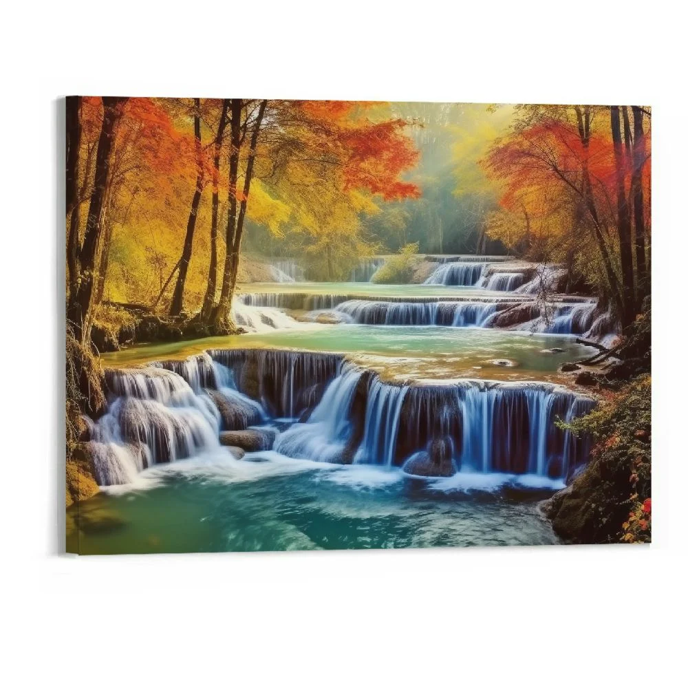 Zhiwo Wall Art Decor Large Canvas Print Picture Colorful Majestic Waterfall 1 Panel Park Forest Painting Autumn Artwork for Office Home Wall Decor Framed Ready to Hang 20x16 20x16in