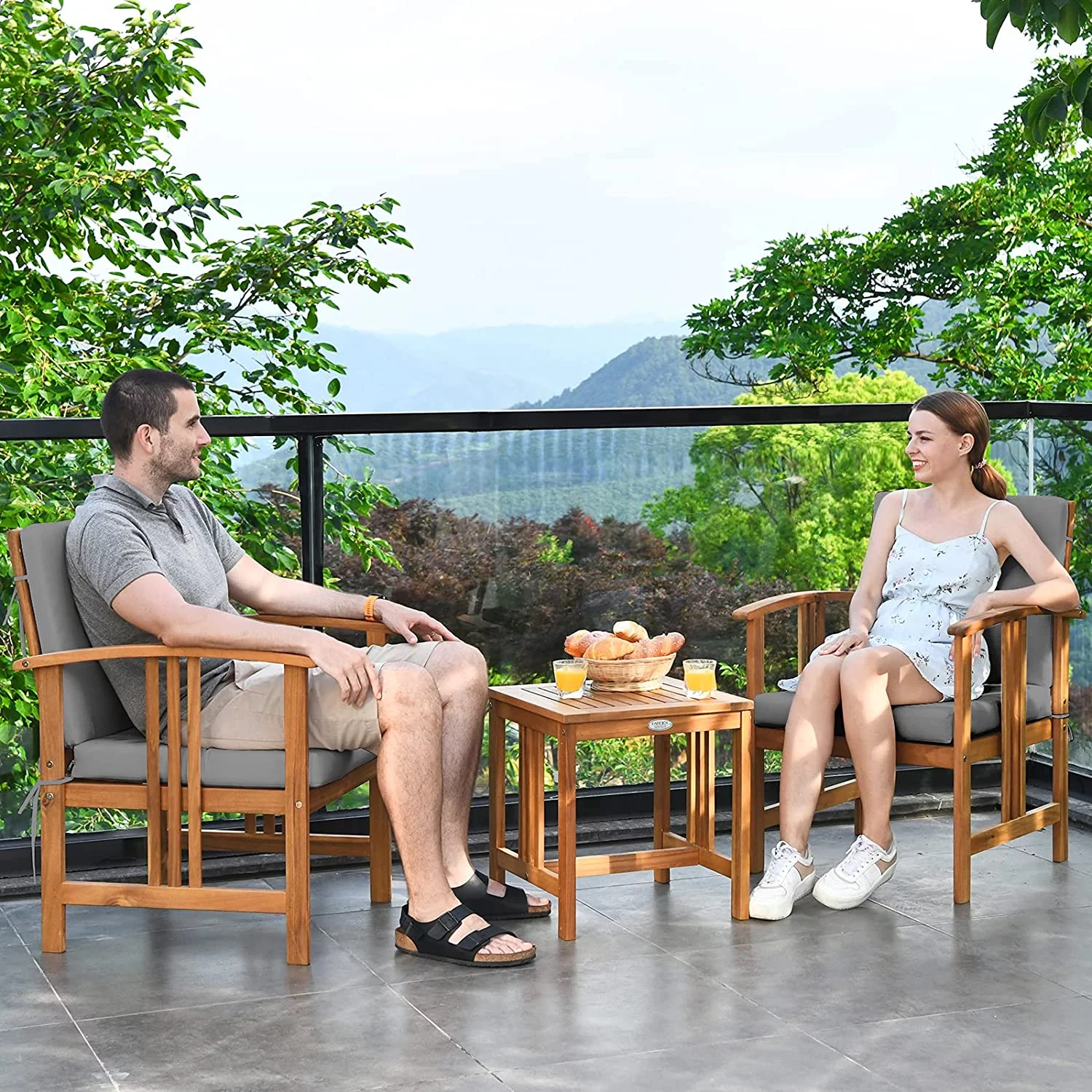 3 Pieces Patio  Set  Includes  Outdoor Acacia Wood Cushioned Chairs and Coffee Table  for Garden  Backyard  Poolside  Bistro and Deck  Patio Conversation Chat Set (Gray)