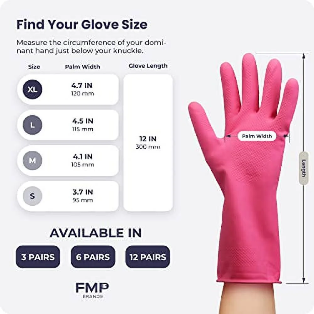 FMP Brands Cleaning Gloves 12 Pairs Rubber Gloves for Washing Dishes Non-Slip Dishwashing Gloves Waterproof Reusable Latex Dish Gloves for Kitchen, Bathroom, Household, Gardening (X-Large, Pink)