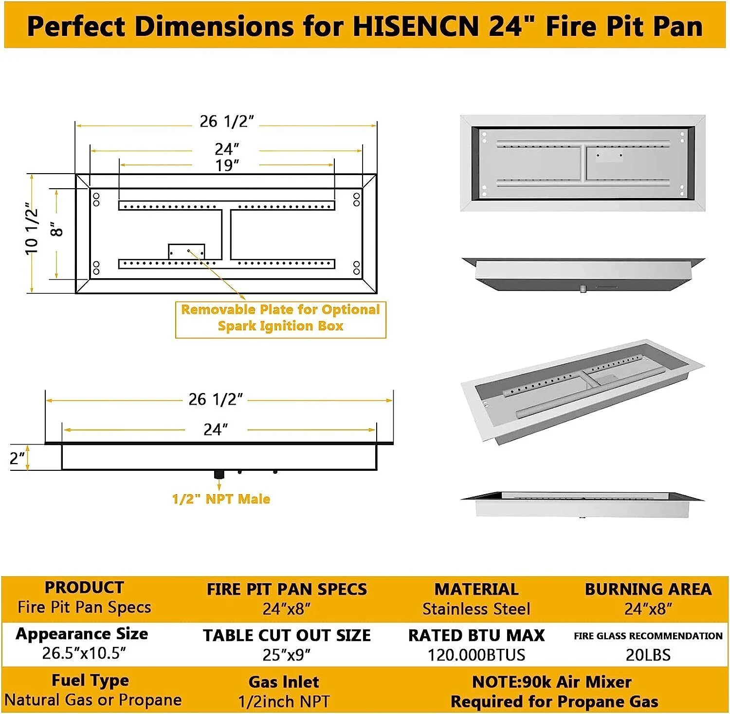 Drop-in Insert Fire Pit Pan Burner Kit,Fire Pit Table Insert Stainless Steel