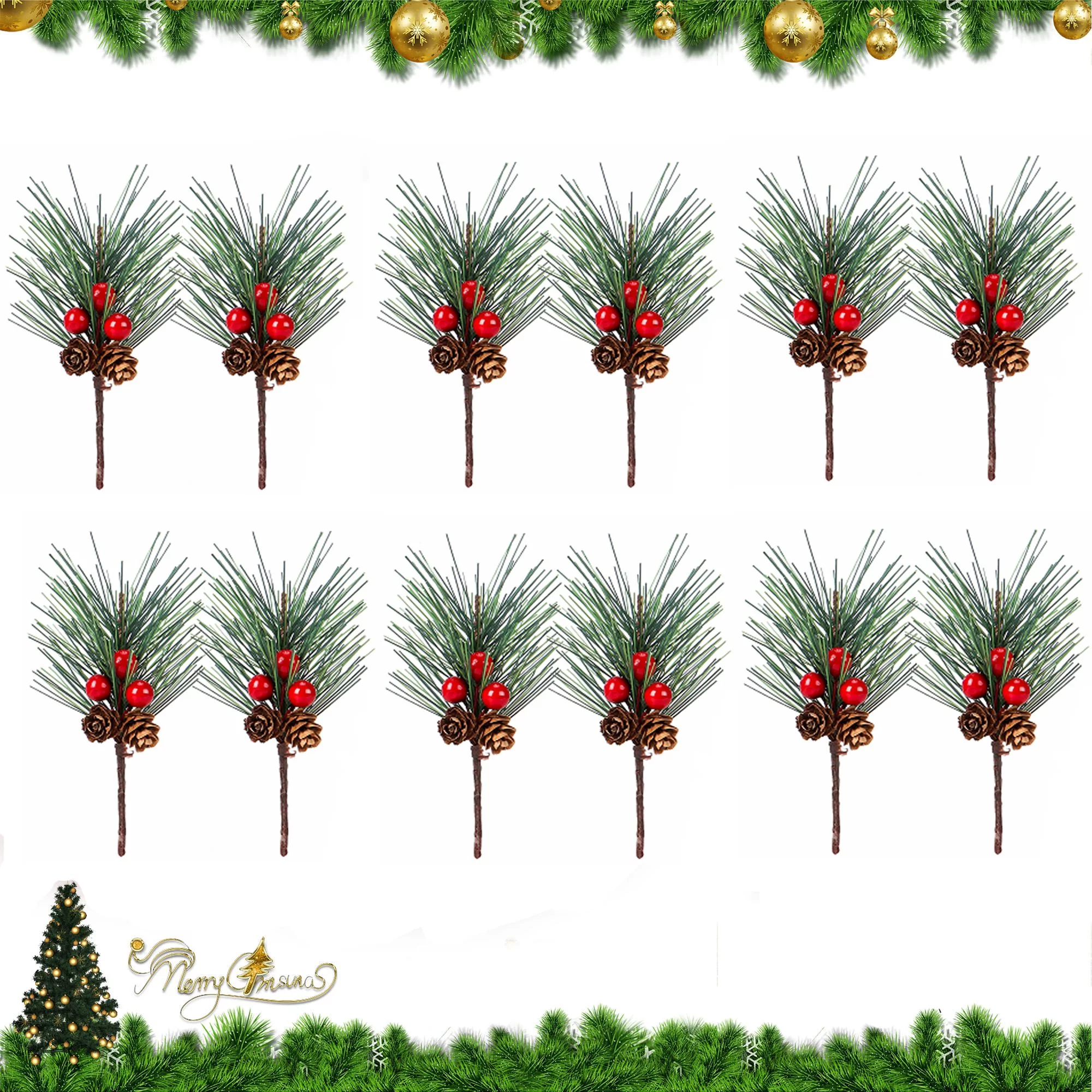 Luxtrada 12 Pack Christmas Artificial Pine Needles/Picks Decoration Pine Needle Berry Stem Artificial Pine Tree for Christmas Flower Arrangements Wreaths and Holiday Decor, Red