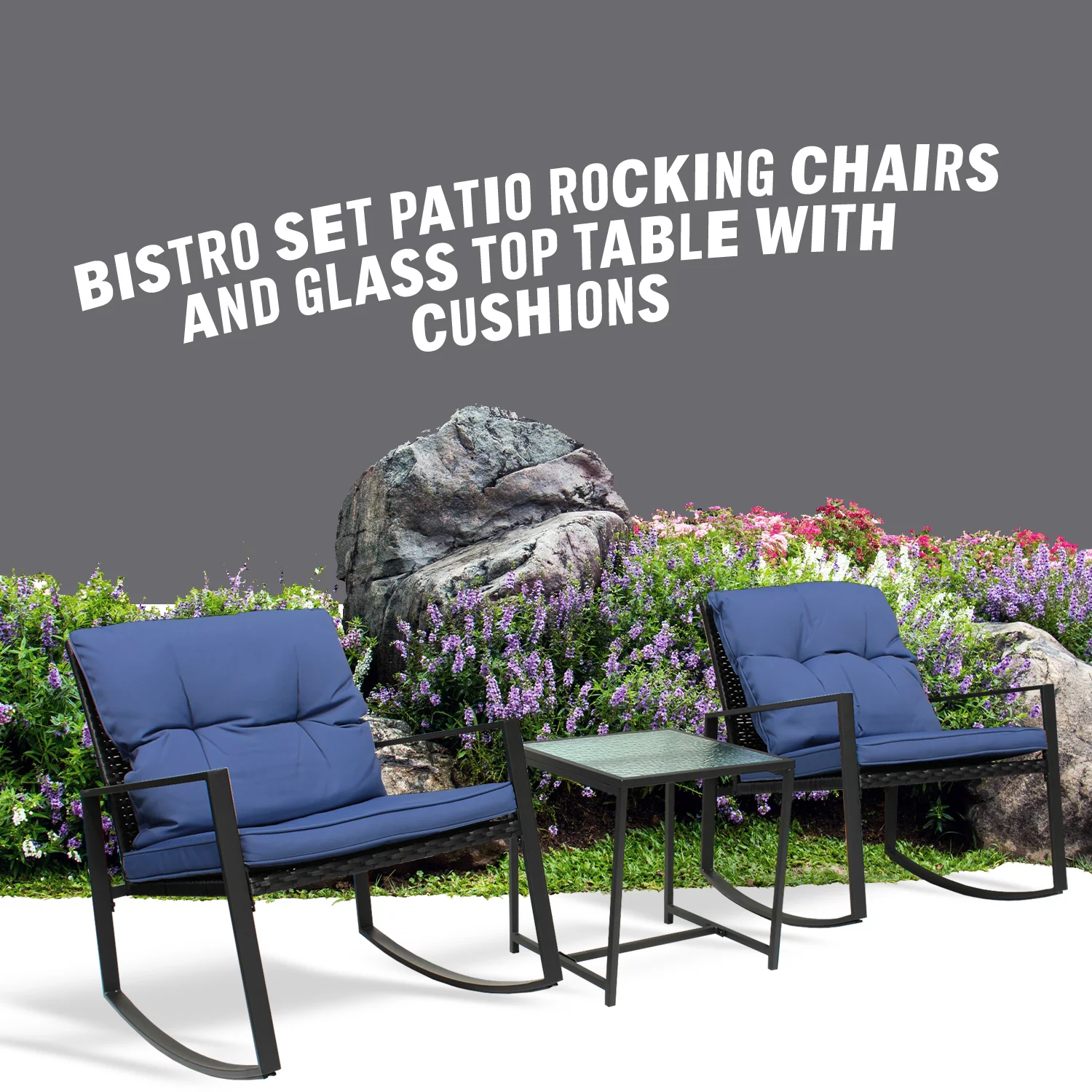 Alexander 3-Piece Beautifully Designed Outdoor Patio Furniture Set -2 Chairs With Solid Glass Coffee Table - Dark Blue