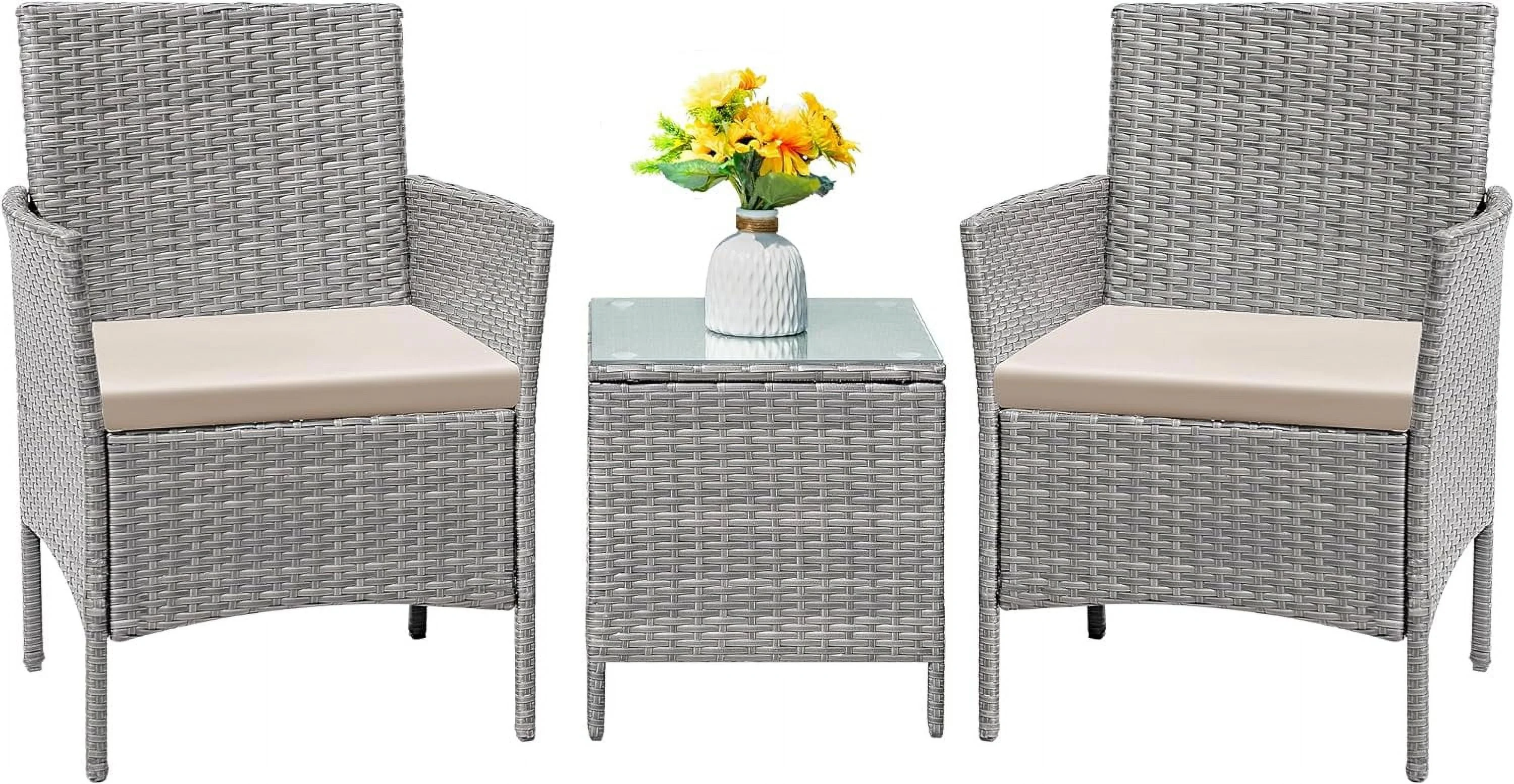 Patio Furniture Set 3 Pieces All-Weather Rattan Outdoor Furniture Patio Chairs with Tempered Glass Table for Porch Bistro Balcony (Grey/Beige)