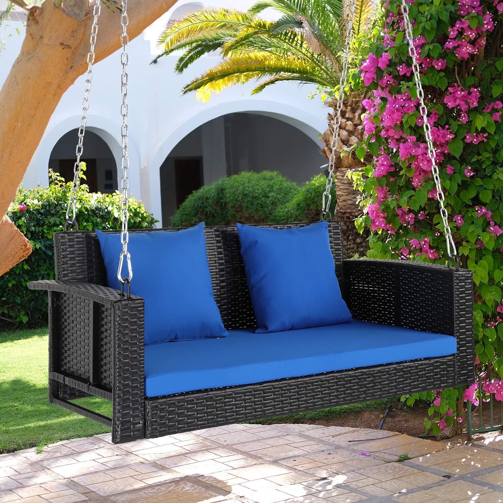 49in Black Rattan Swing Chair with Blue Cushion - Weather-resistant, Comfortable Design, Easy Assembly - Perfect Addition to Your Outdoor Patio