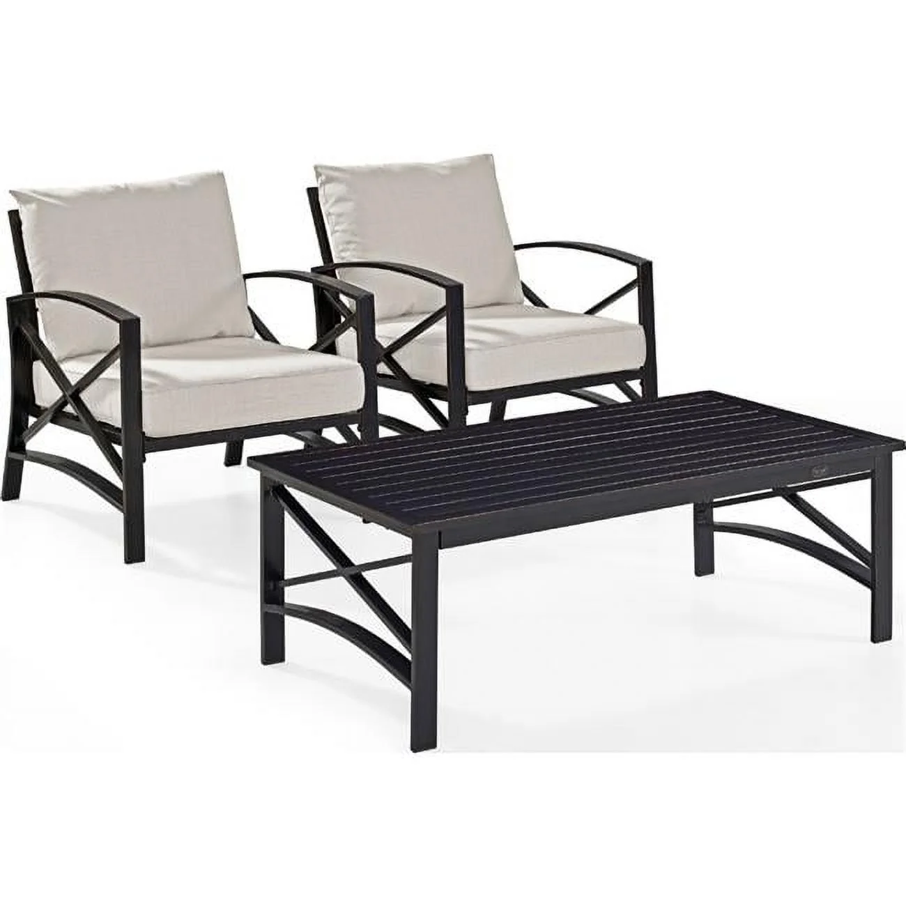 3 Piece Kaplan Outdoor Seating Set with Oatmeal Cushion - Two Kaplan Outdoor Chairs, Coffee Table