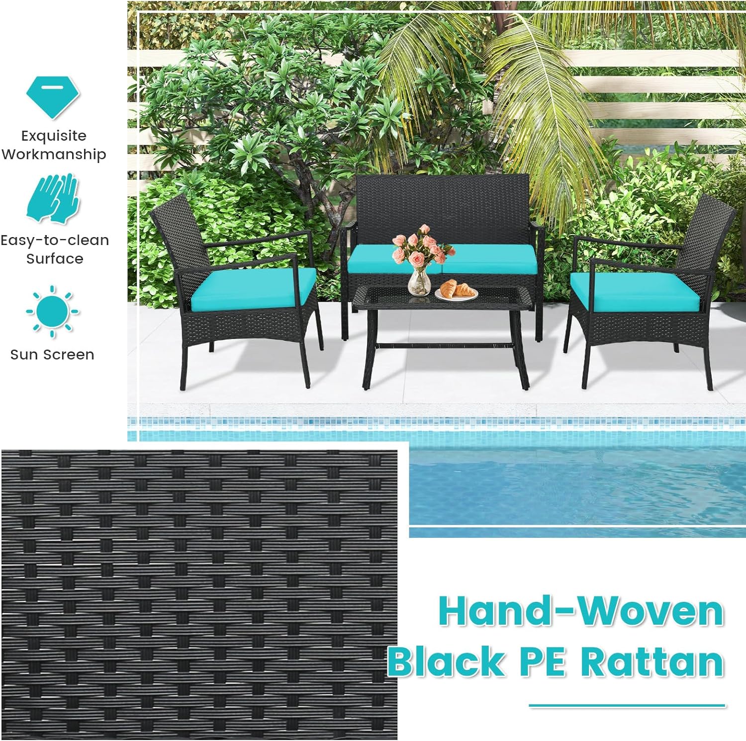 Dina 4 Piece Wicker Patio Furniture Set  Outdoor PE Rattan Conversation Sets with Chairs  Loveseat & Tempered Glass Coffee Table for Poolside  Courtyard  Balcony  Turquoise