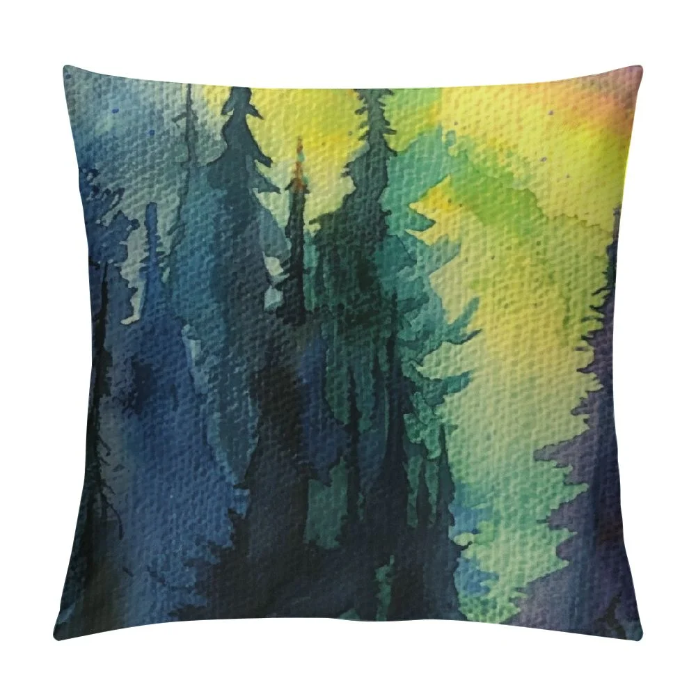 Pingxixi Decorative Pillow Covers Night Landscape Forest Dark Boreal Arctic Silhouette Hight Spruce Nature Textures Aurora New North Throw Pillow Covers Sofa Bench Couch Summer Decor White