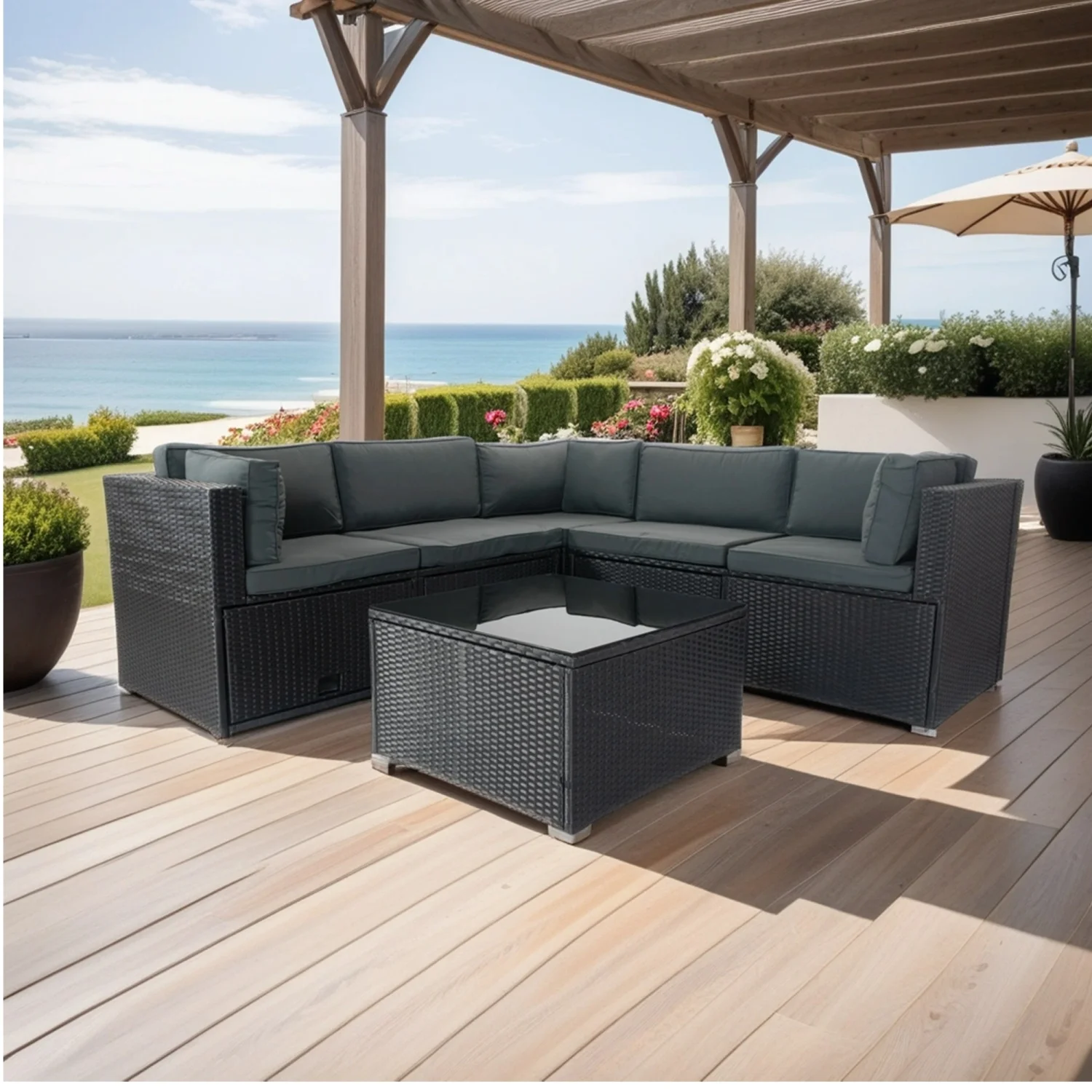 Stylish Black Wicker 6-Piece Outdoor Furniture Set with Cushioned Sofa and 3 Storage Compartments Under Seat - PE Rattan Sectional in Elegant Dark Grey with Included Cushions - Perfect fo
