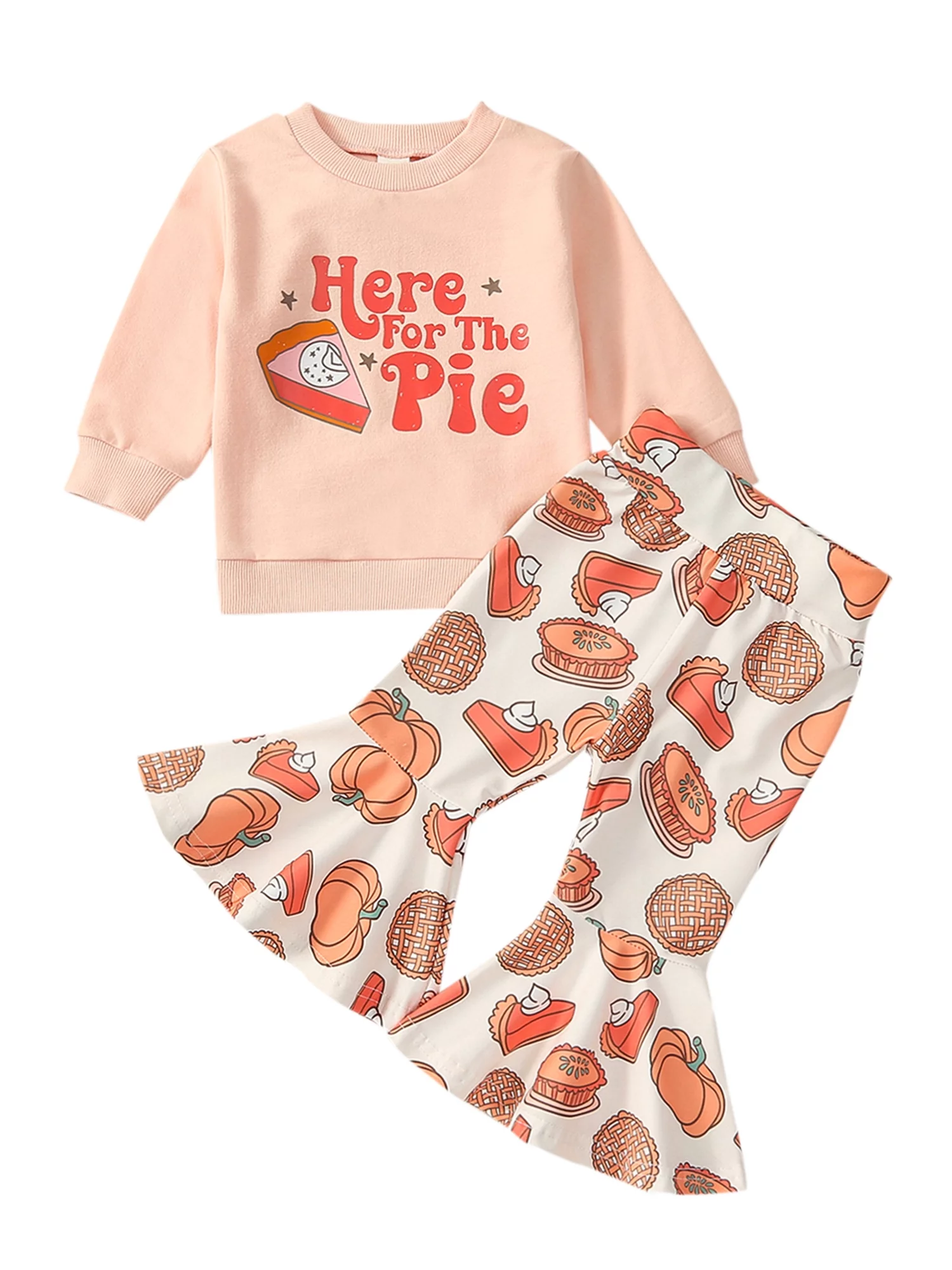 HOANSELAY Baby Girl 2Pcs Thanksgiving Outfits Long Sleeve Sweatshirt + Pie Print Flare Pants Set