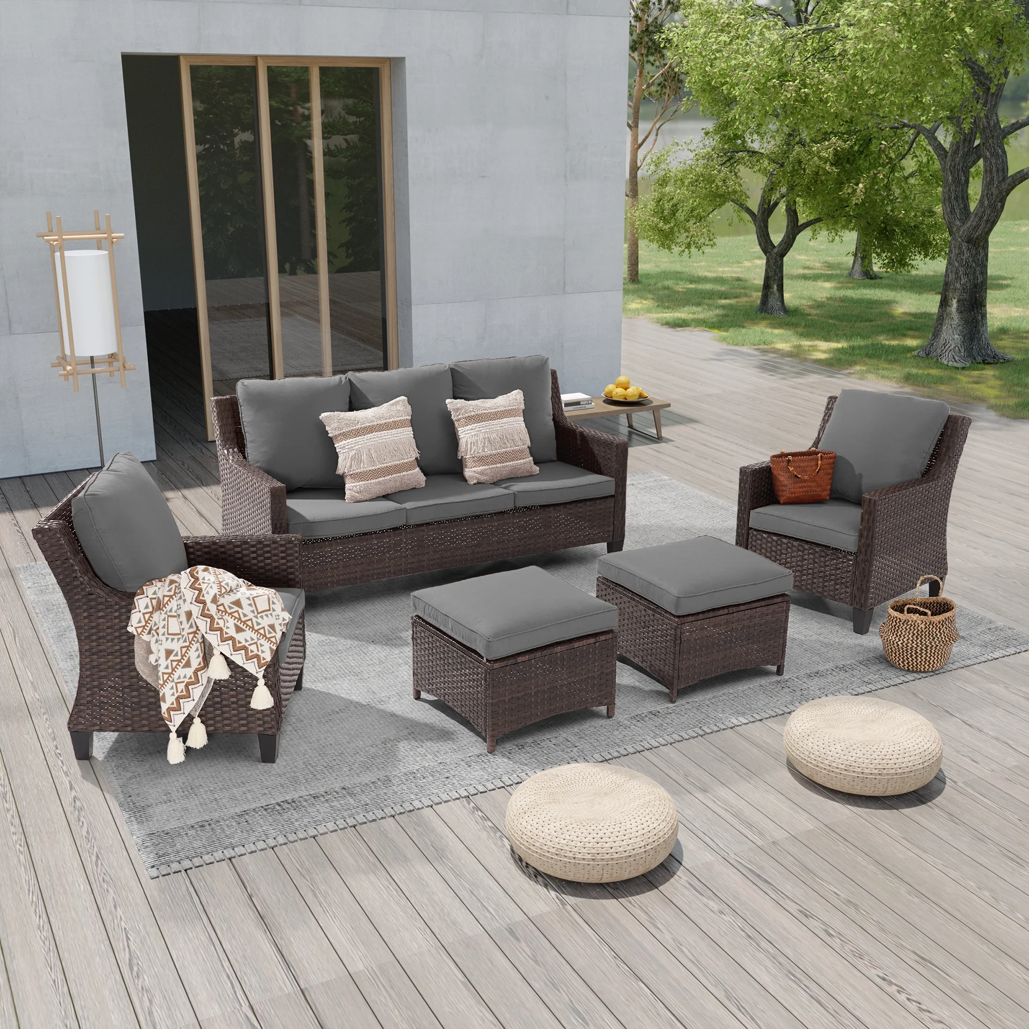 ACEGOSES 5-Piece Patio Sofa Set Rattan Outdoor Furniture Set Three-Seat Sofa Ottomans Suiting Backyard, Poolside and Patio,Gray