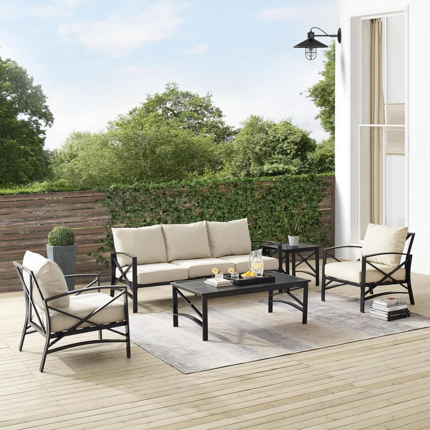 HomeStock Natural Beauty 5Pc Outdoor Metal Sofa Set Oatmeal/Oil Rubbed Bronze - Sofa, Coffee Table, Side Table, & 2 Arm Chairs
